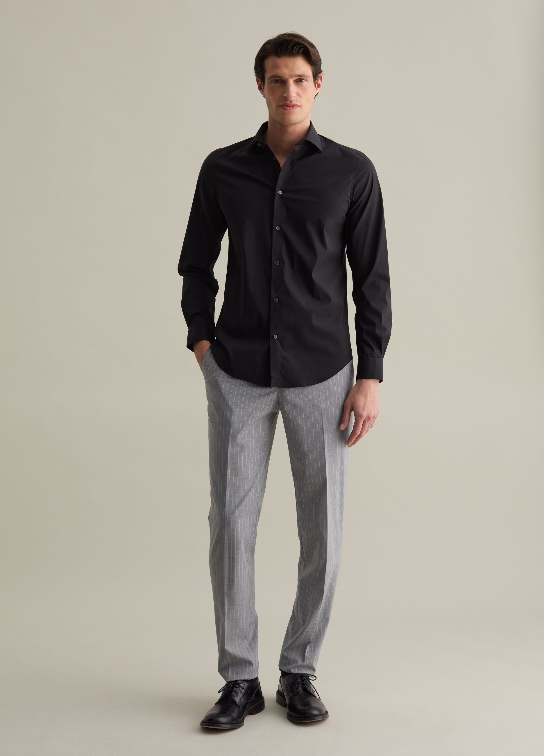 PIOMBO, Camicia Slim Fit Stretch Tinta Unita, Uomo, Nero, Taglia: M