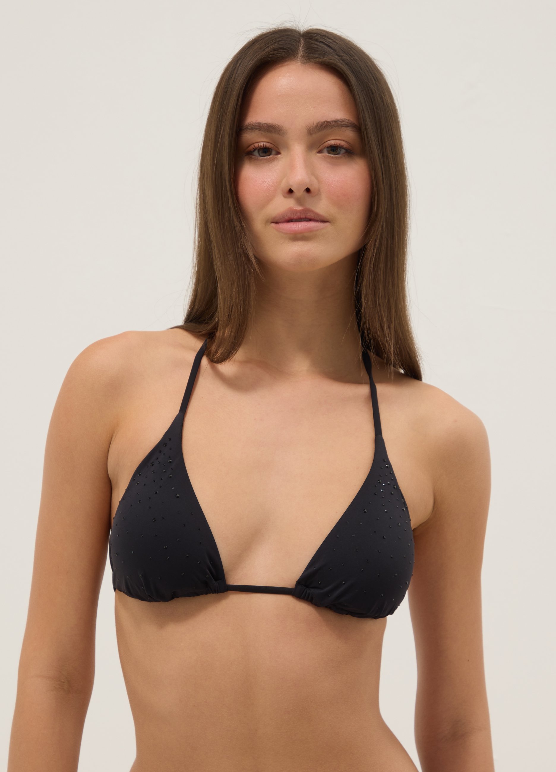 Top De Bikini Triangular Negro Elástico Con Detalles Brillantes, Mujer, Negro, Talla: 3