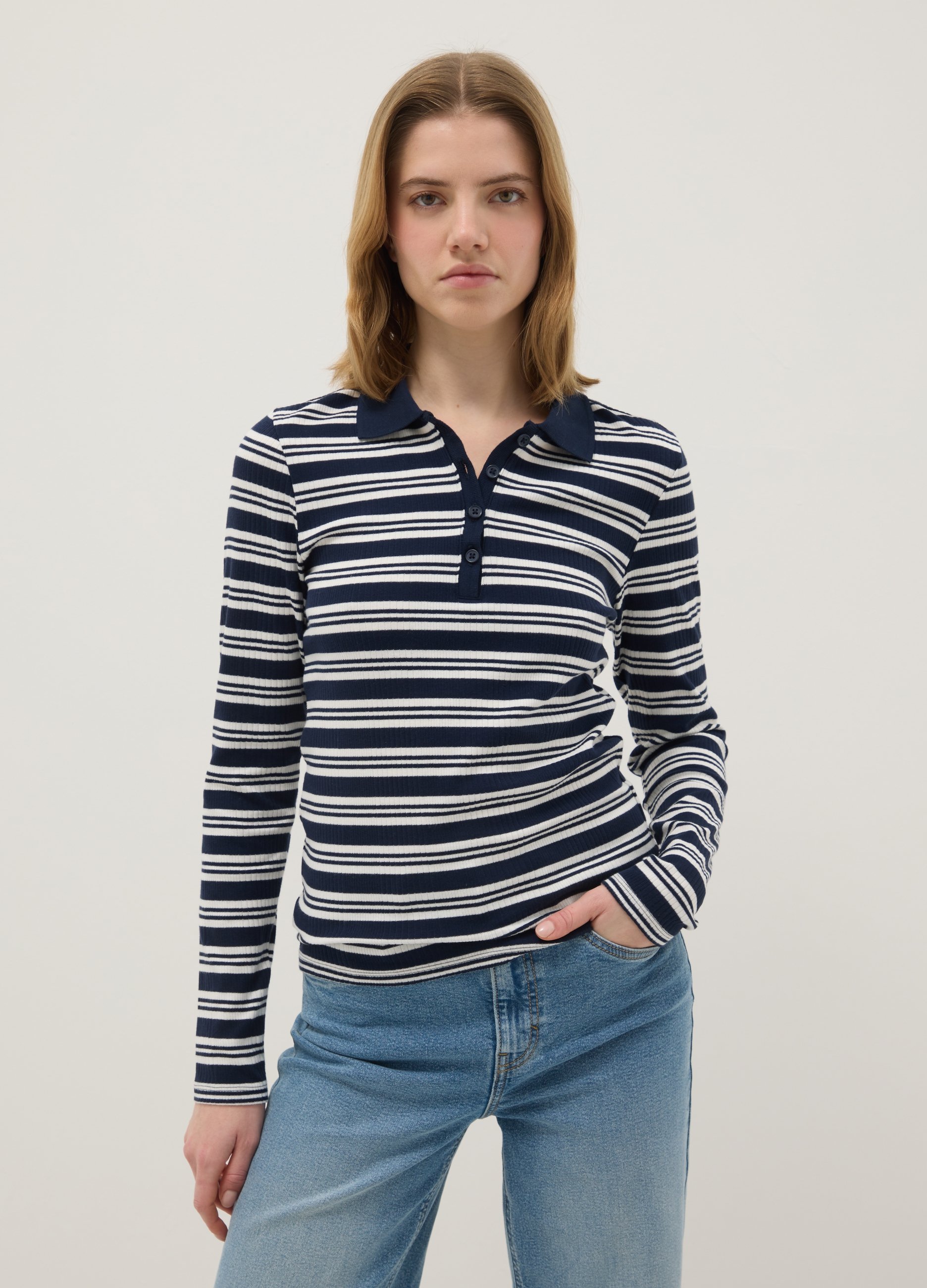 Polo De Algodón Elástico A Rayas Multicolor Corte Regular, Mujer, Blanco/azul, Talla: 40