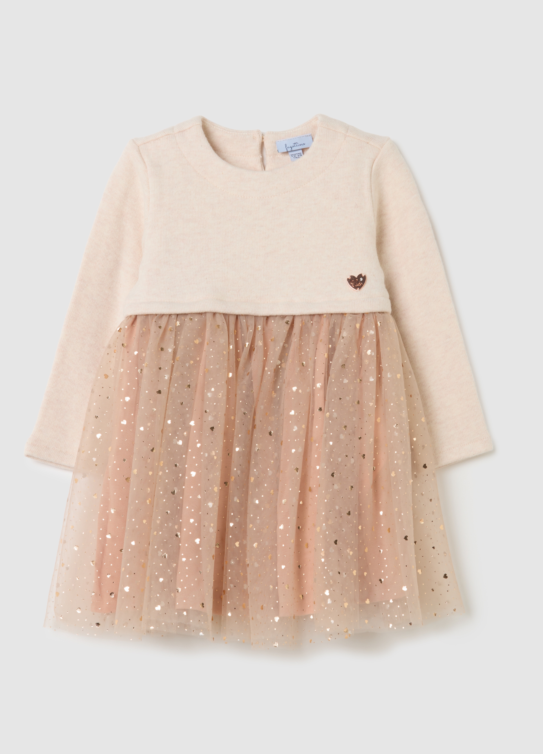 Vestido Beige De Niña En Ajuste Ancho Mezcla De Algodón Con Tul, Niña, Beige/Rosa, Talla: 24-30