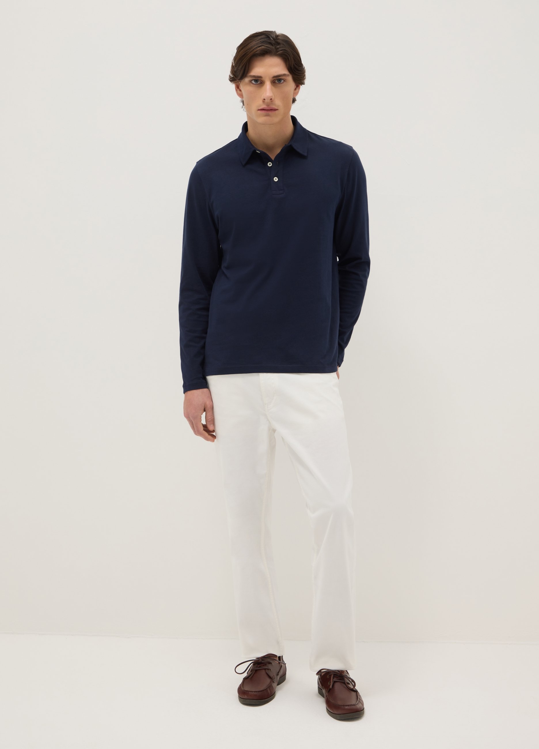 Polo Azul De Manga Larga En Puro Algodón - Ajuste Regular, Hombre, Azul marino, Talla: M