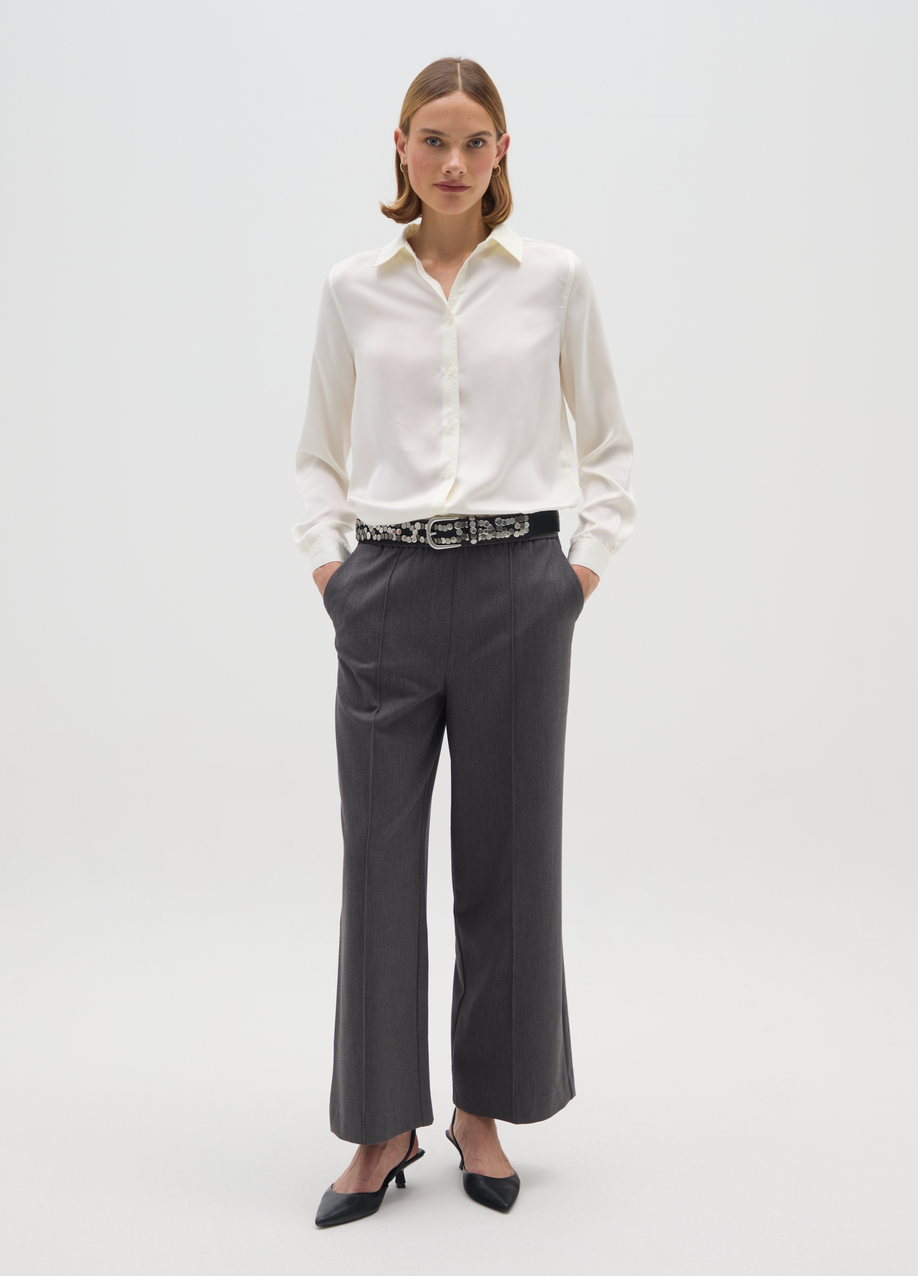 Camisa De Satén Blanca Corte Regular, Mujer, Blanco suave, Talla: 44