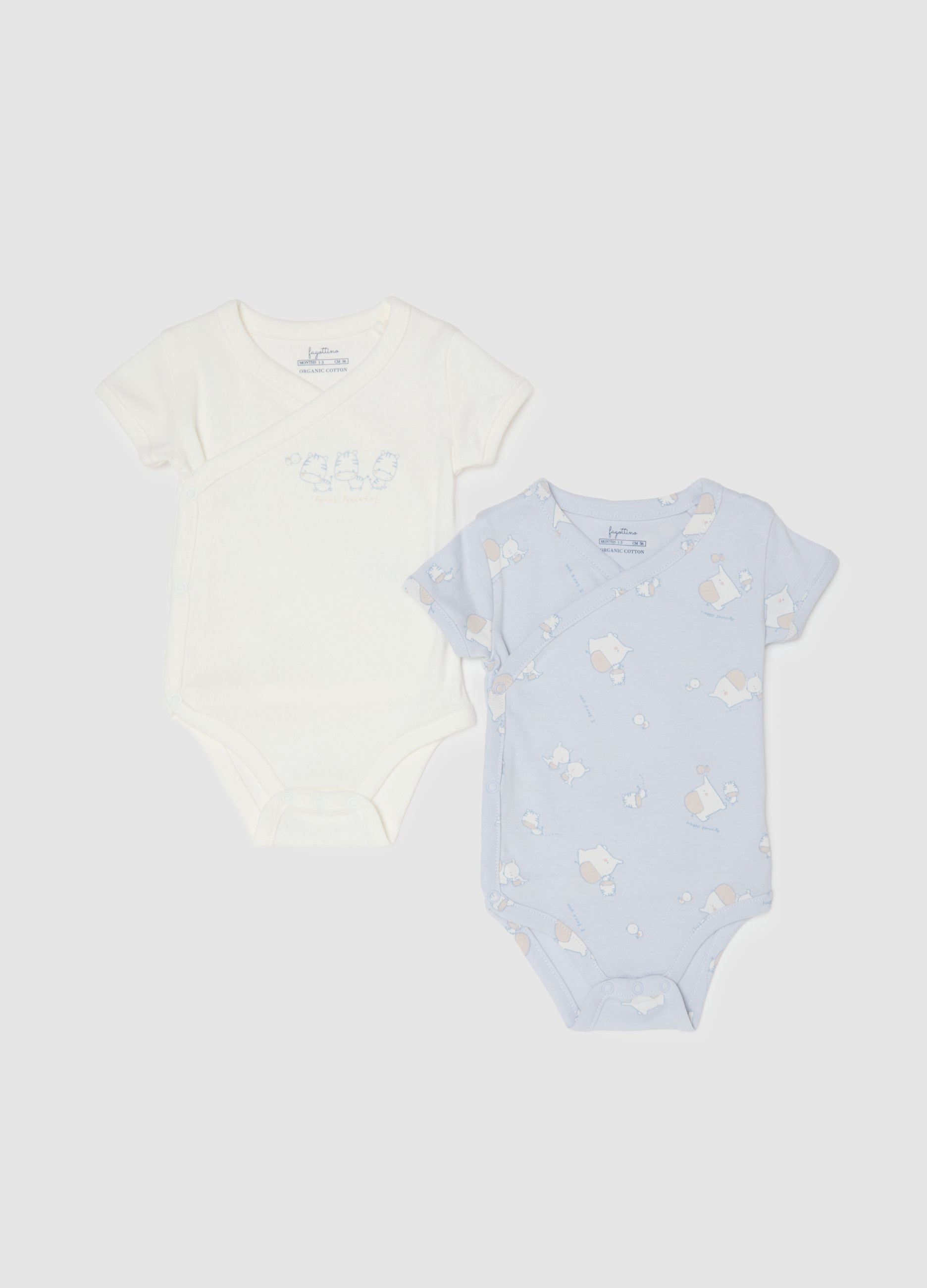 FAGOTTINO, Pack Doble De Bodies Multicolor De Algodón Puro Con Mangas Cortas Para Bebés, Bebé Niño, Blanco/azul claro, Talla: 1-3