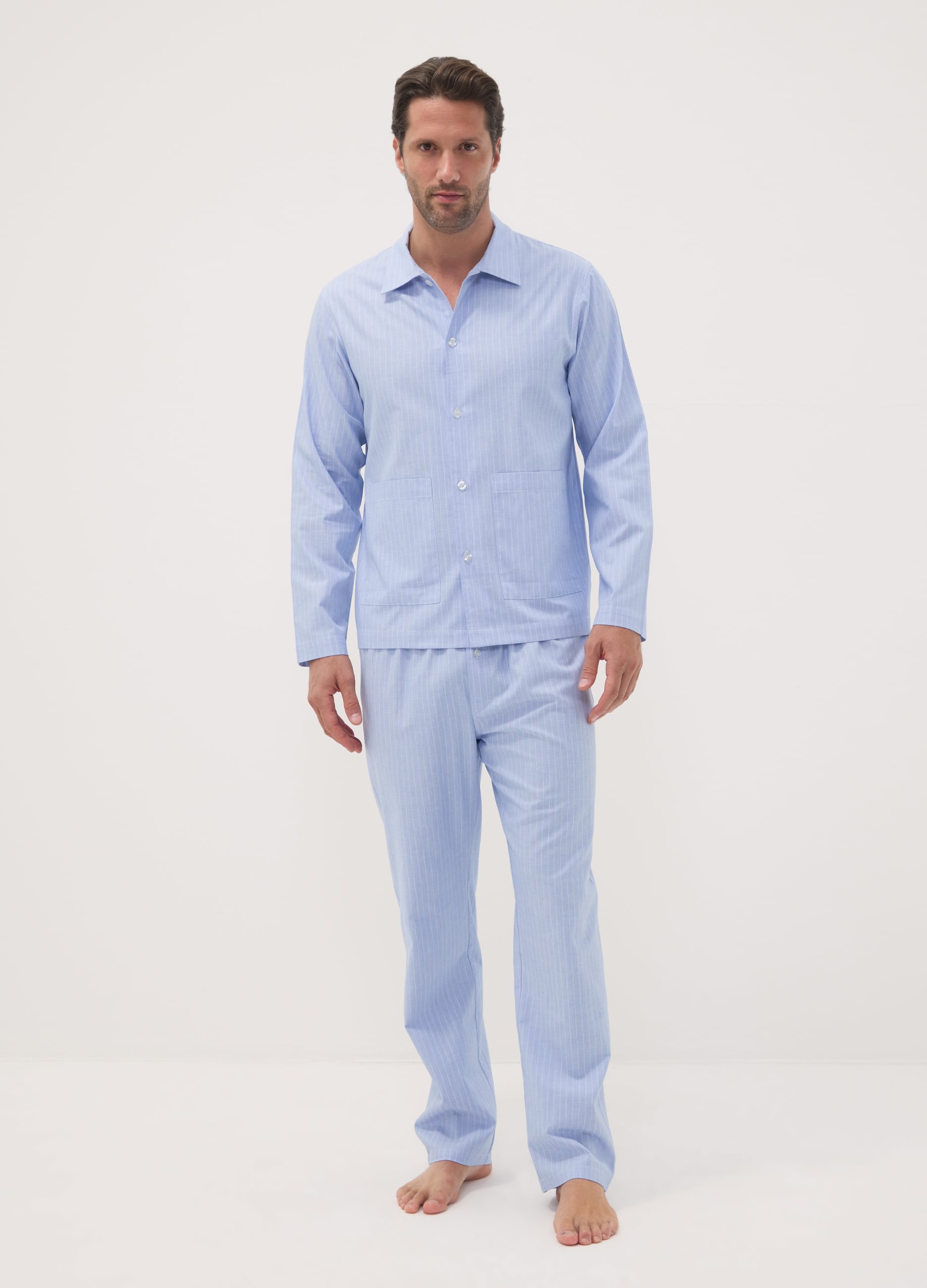 OVS, Pigiama Azzurro A Righe In Puro Cotone Organico Con Colletto, Uomo, Azzurro, Taglia: XL