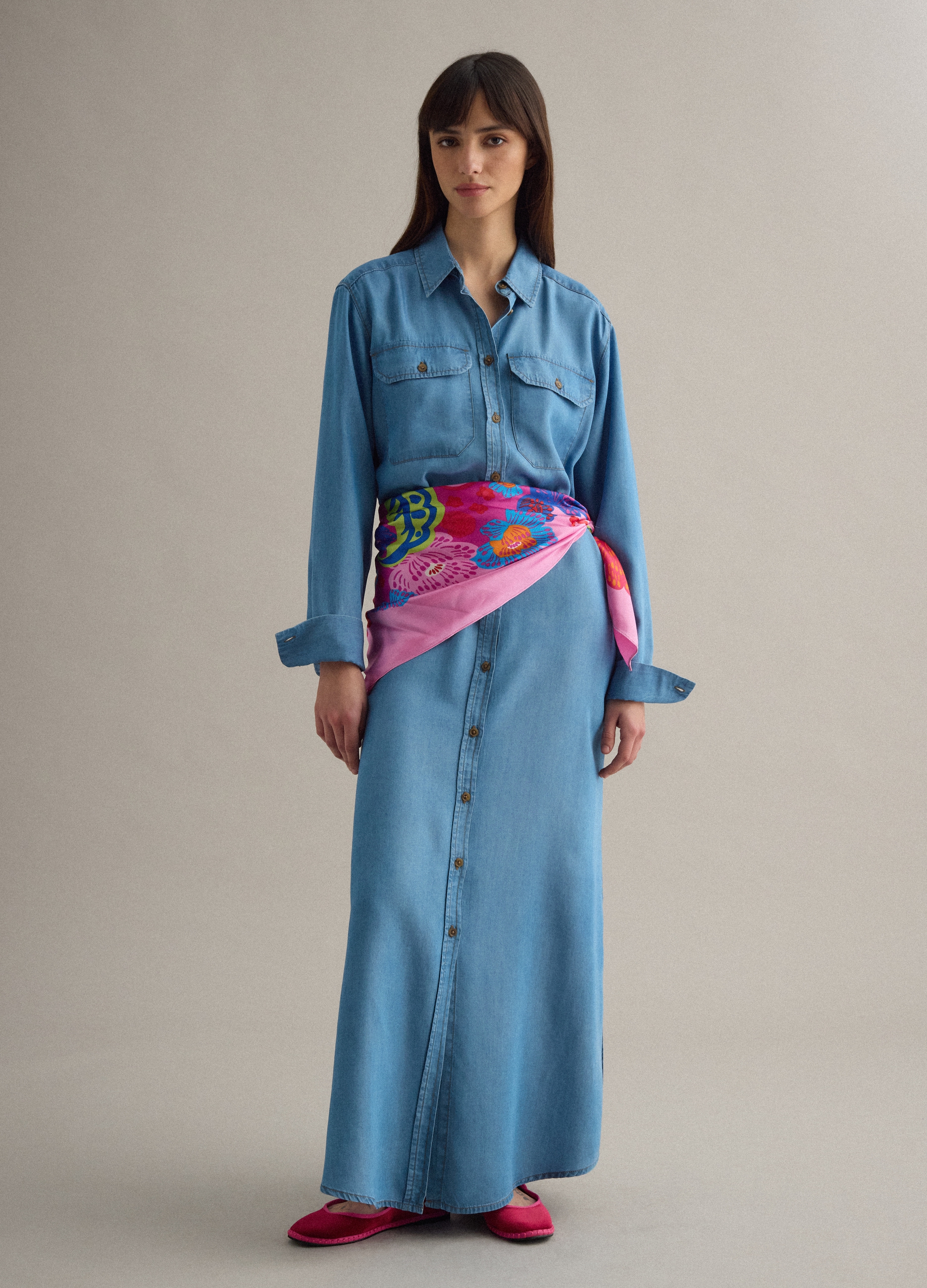 PIOMBO, Vestido Largo De Lyocell Puro En Denim Azul Ajuste Regular Con Cinturón, Mujer, Azul vaquero, Talla: 38