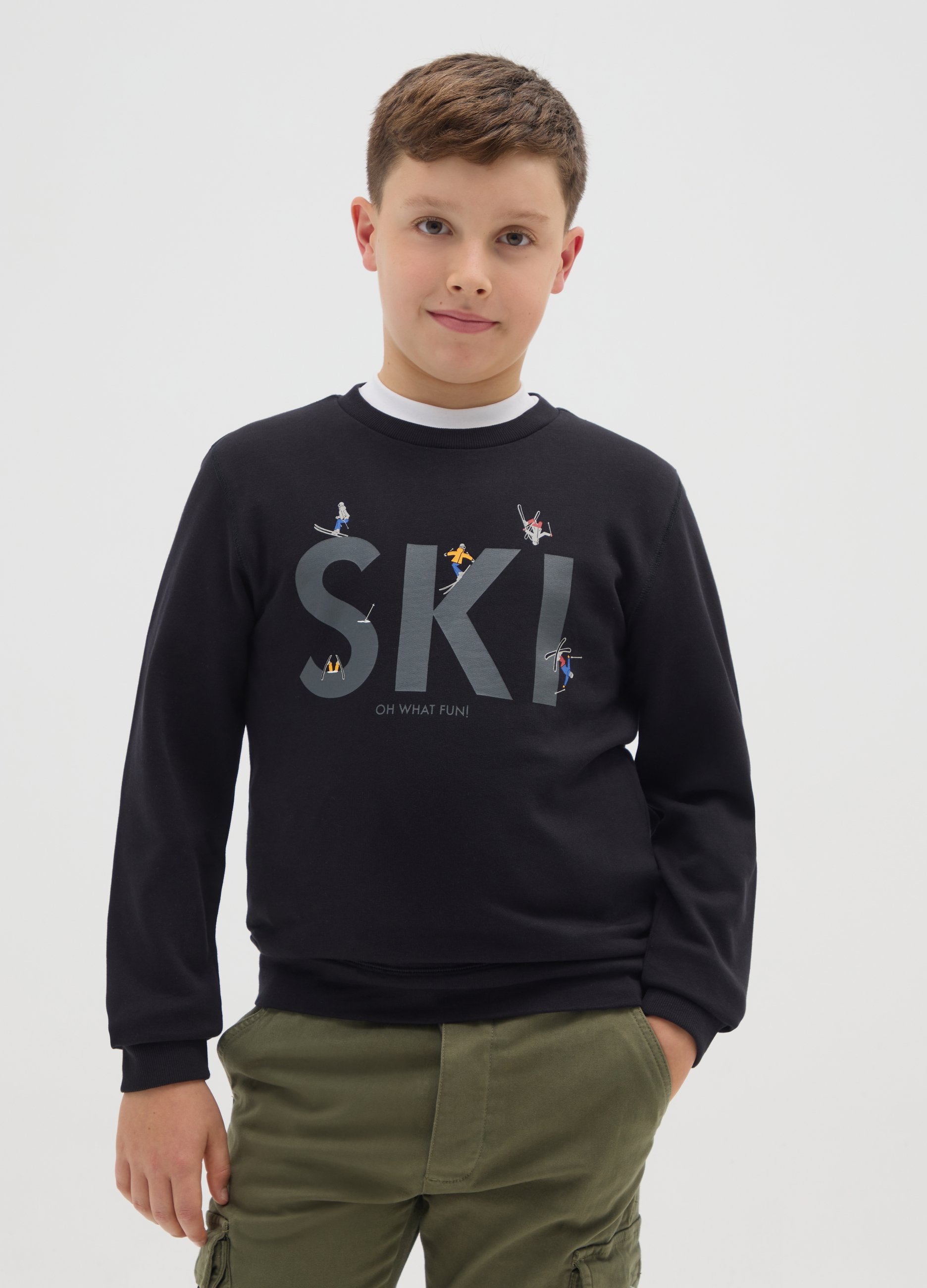 OVS KIDS, Felpa Nera Da Ragazzo In Puro Cotone Regular Fit Con Stampa Ski, Bambino, Nero, Taglia: 12-13