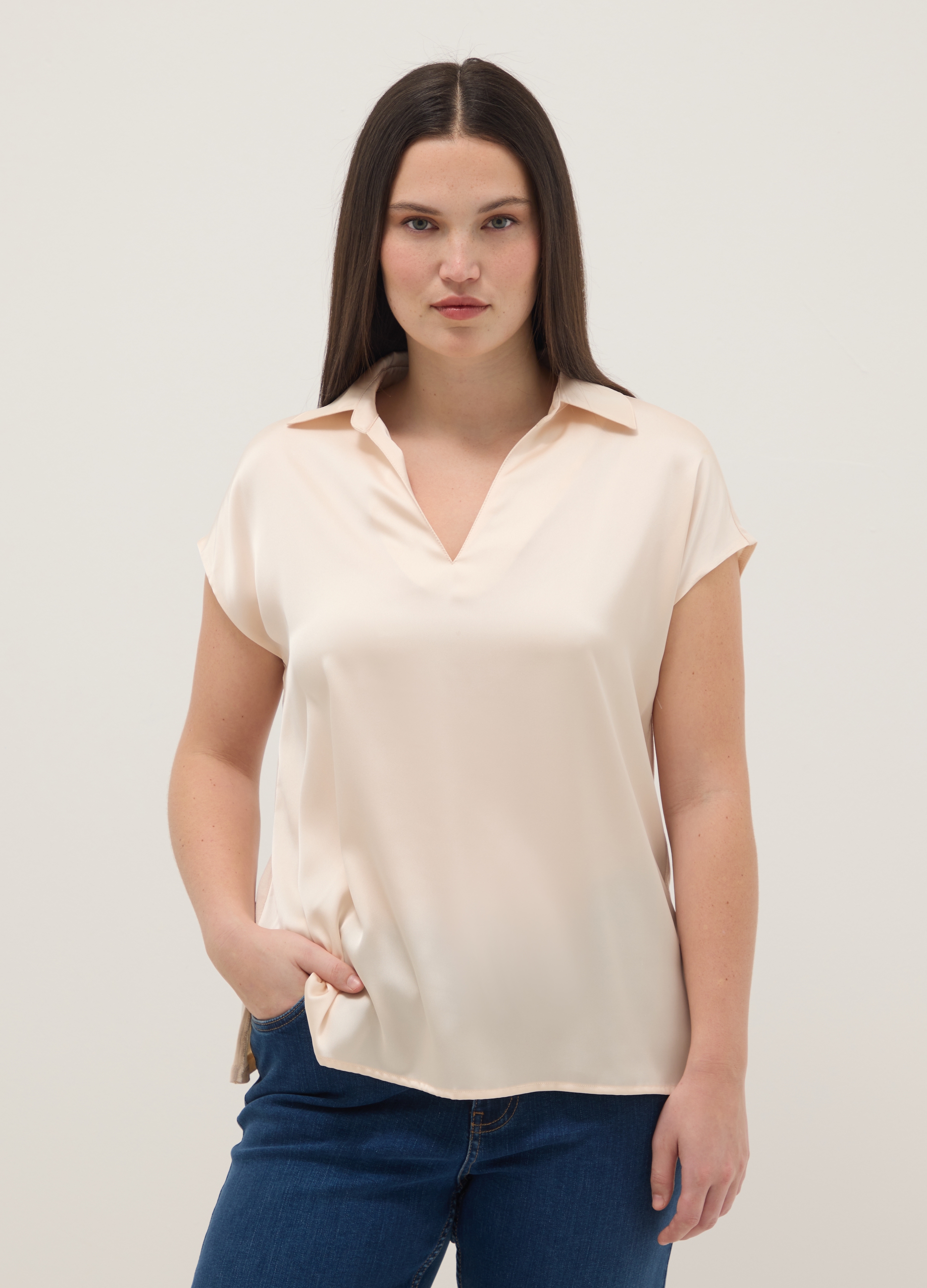 Camiseta Beige De Manga Corta, Ajuste Regular, Con Cuello Polo, Mujer, Beige Claro, Talla: XXL