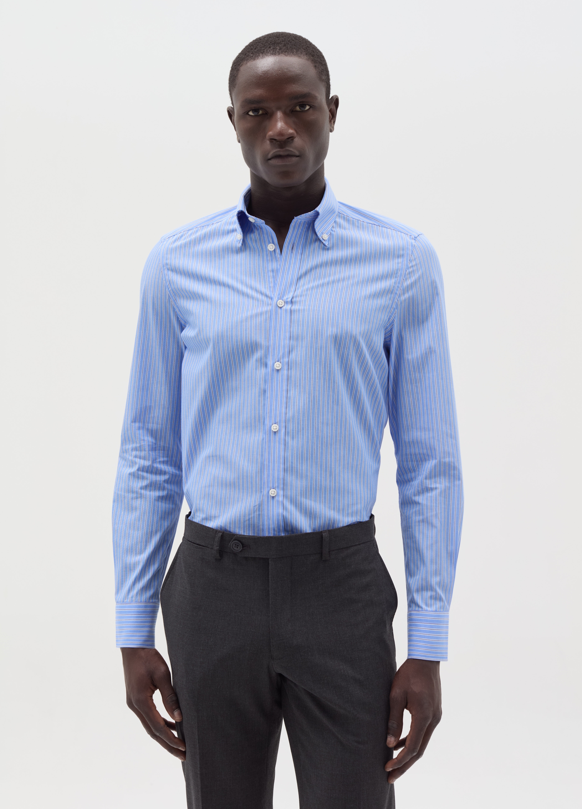 Camisa Slim Fit De Rayas Cuello Abotonado, Hombre, Blanco/azul, Talla: 38