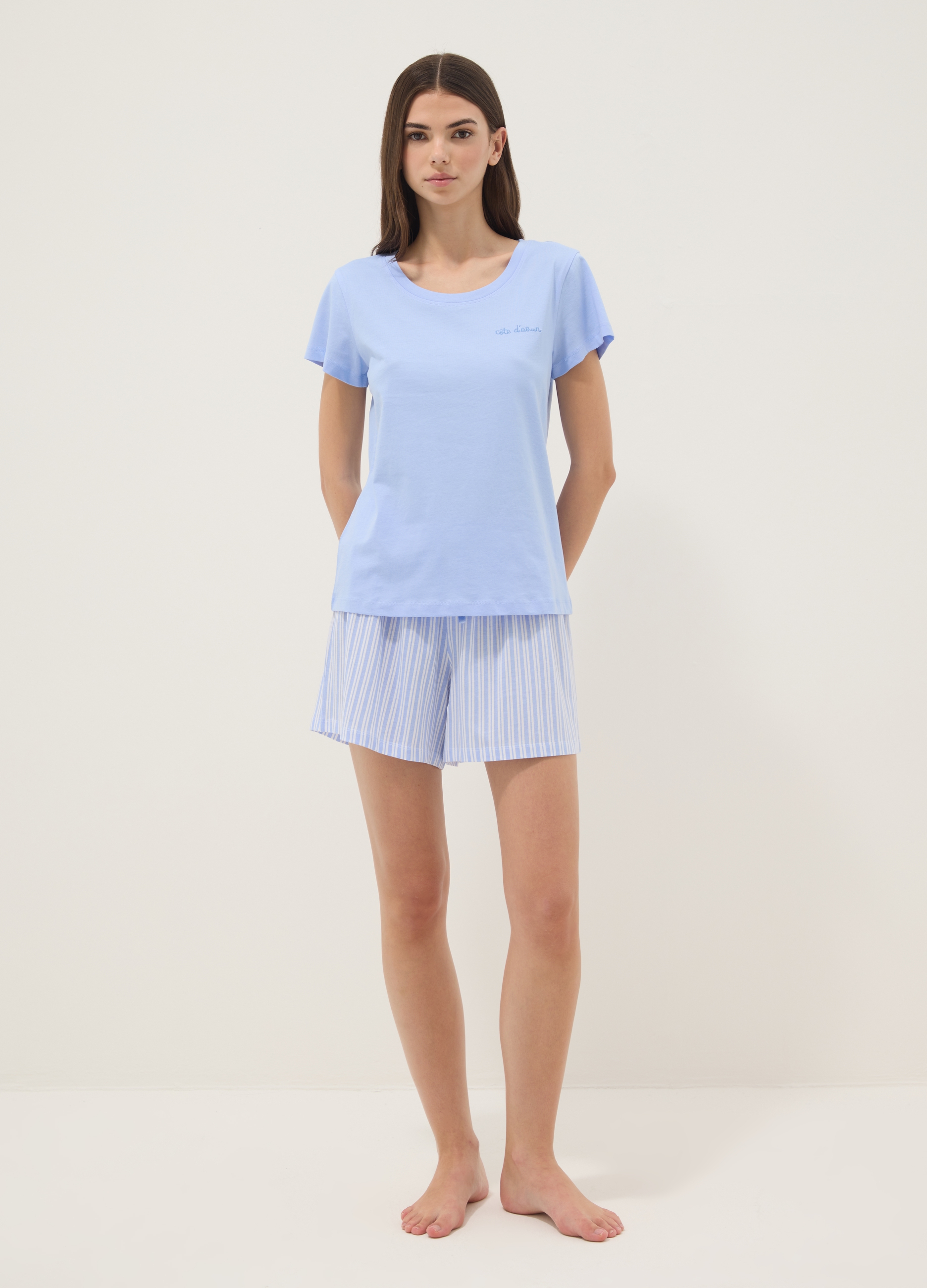 Ovs Mujer Azul Azur Pijama Corto En Azul Cielo, Ajuste Regular En Algodón Puro, Talla: L