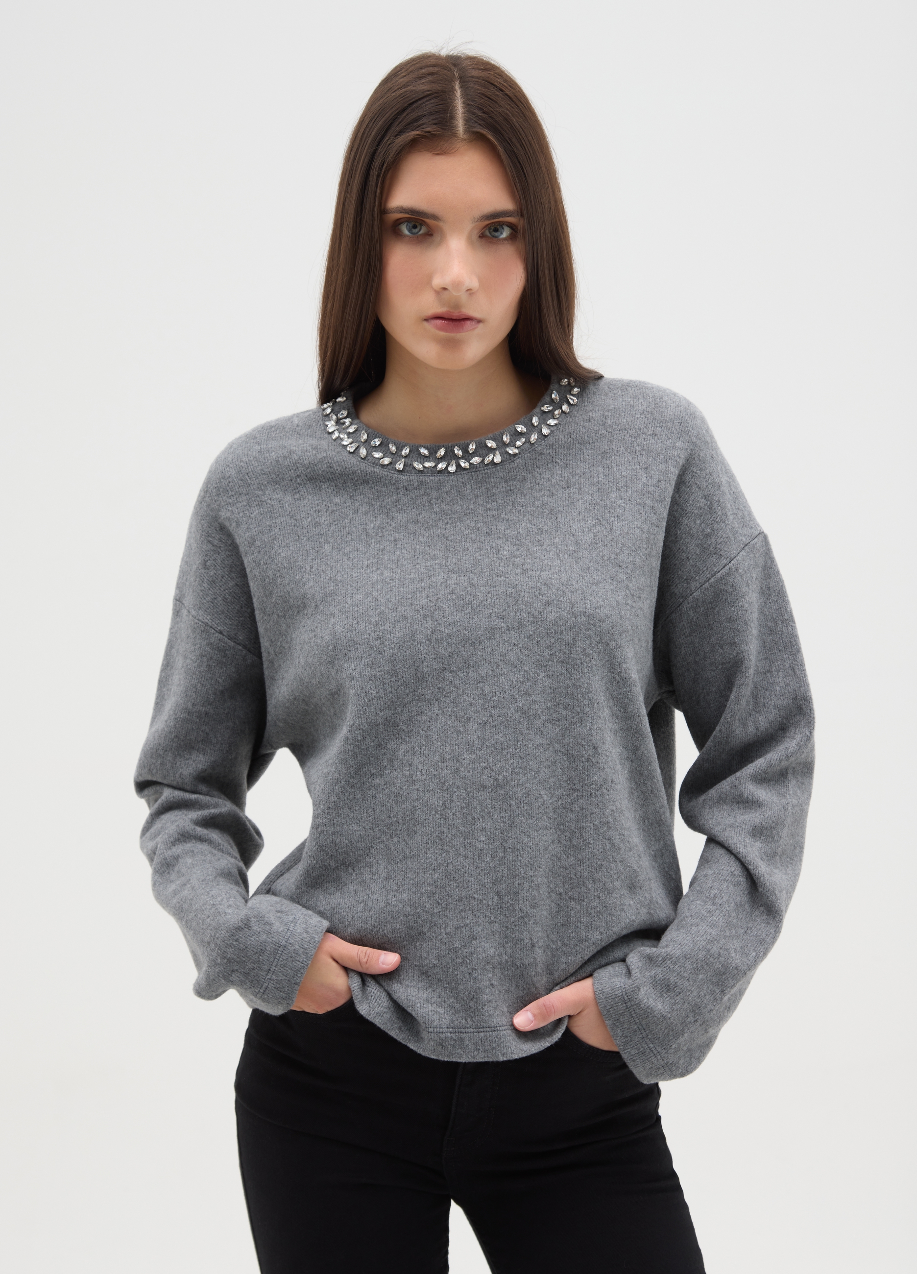 Maglia Grigia In Misto Cotone Regular Fit Con Collo Decorato, Mujer, Gris jaspeado, Talla: 42