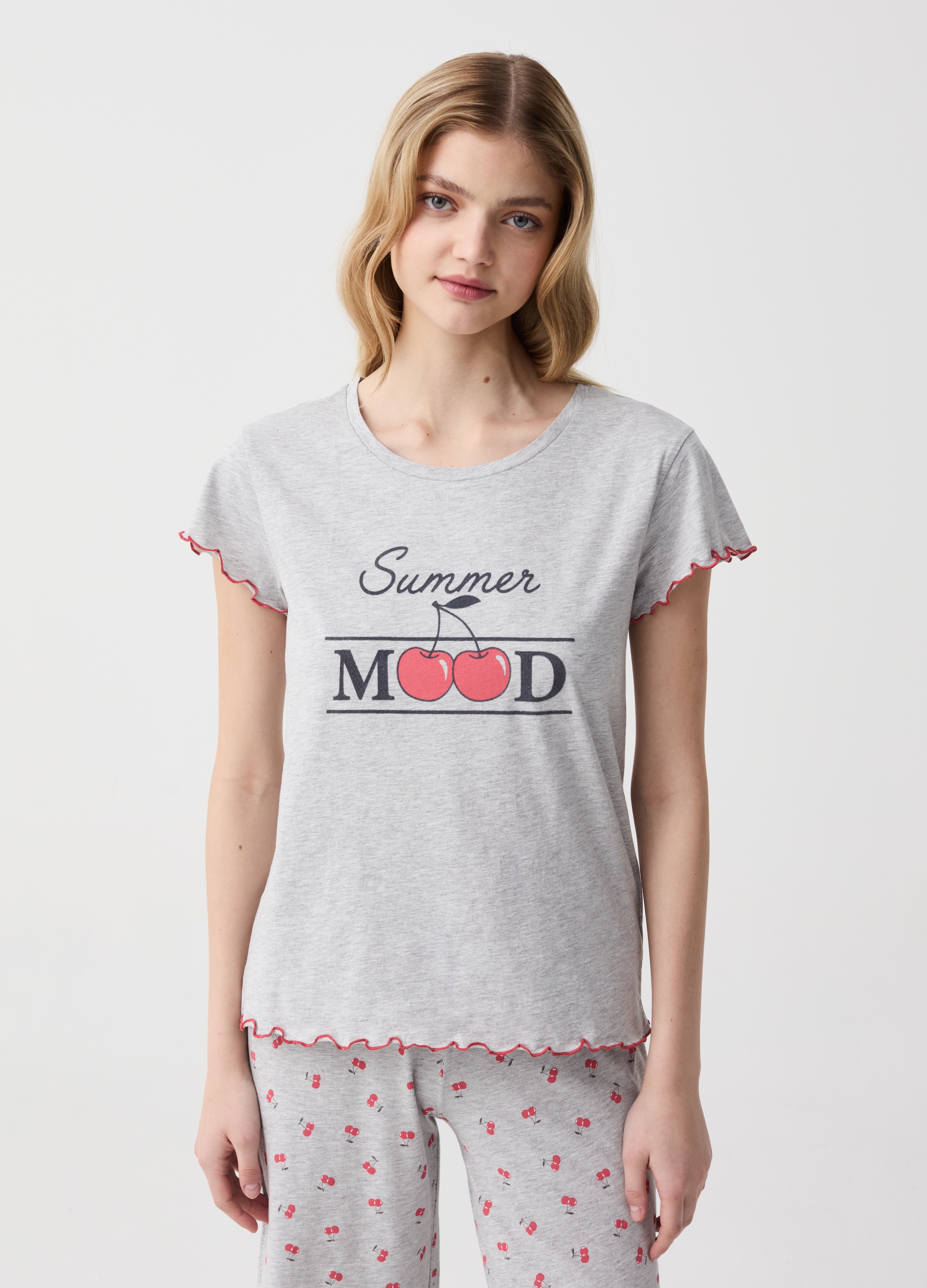 OVS , Top Pigiama Con Profili Ondulati Stampa Ciliegie, Donna, Grigio, Taglia: S