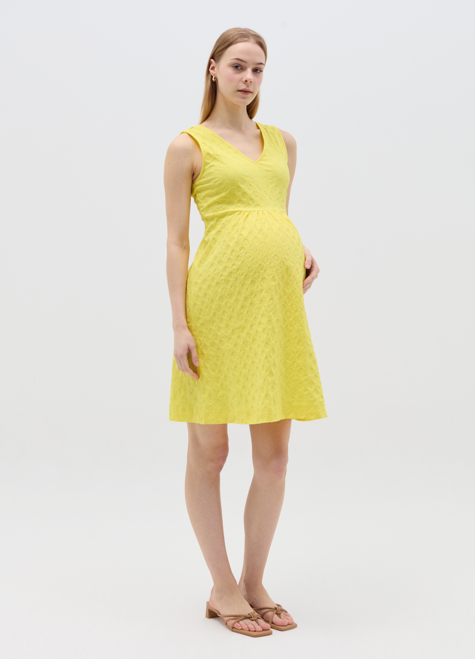 NICOL CARAMEL, Vestito Corto Premaman Con Motivo A Cerchi, Donna, Giallo, Taglia: 40