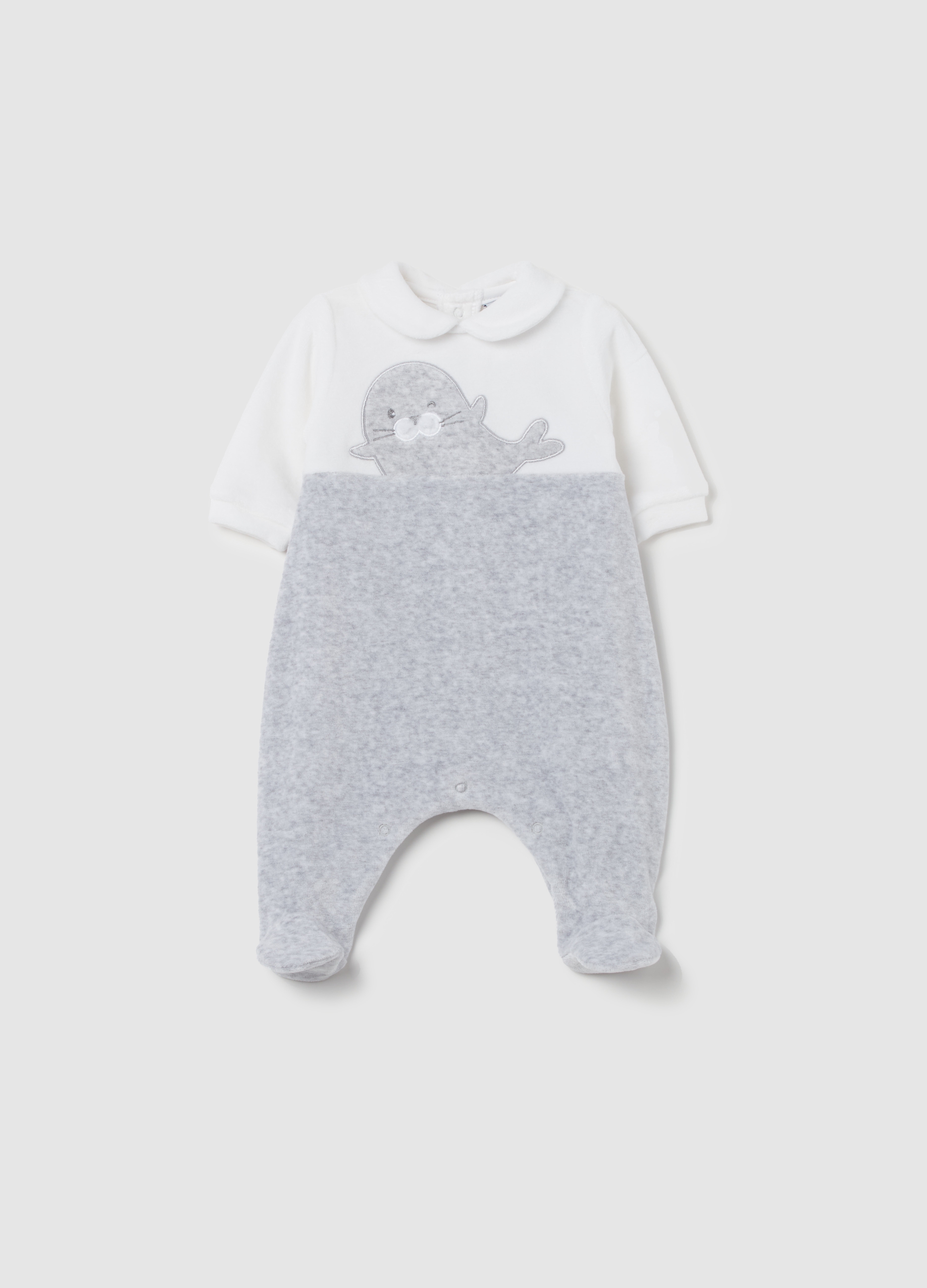 Pelele De Terciopelo Con Pies Y Bordado Foca, Unisex, Blanco/gris, Talla: 1-3