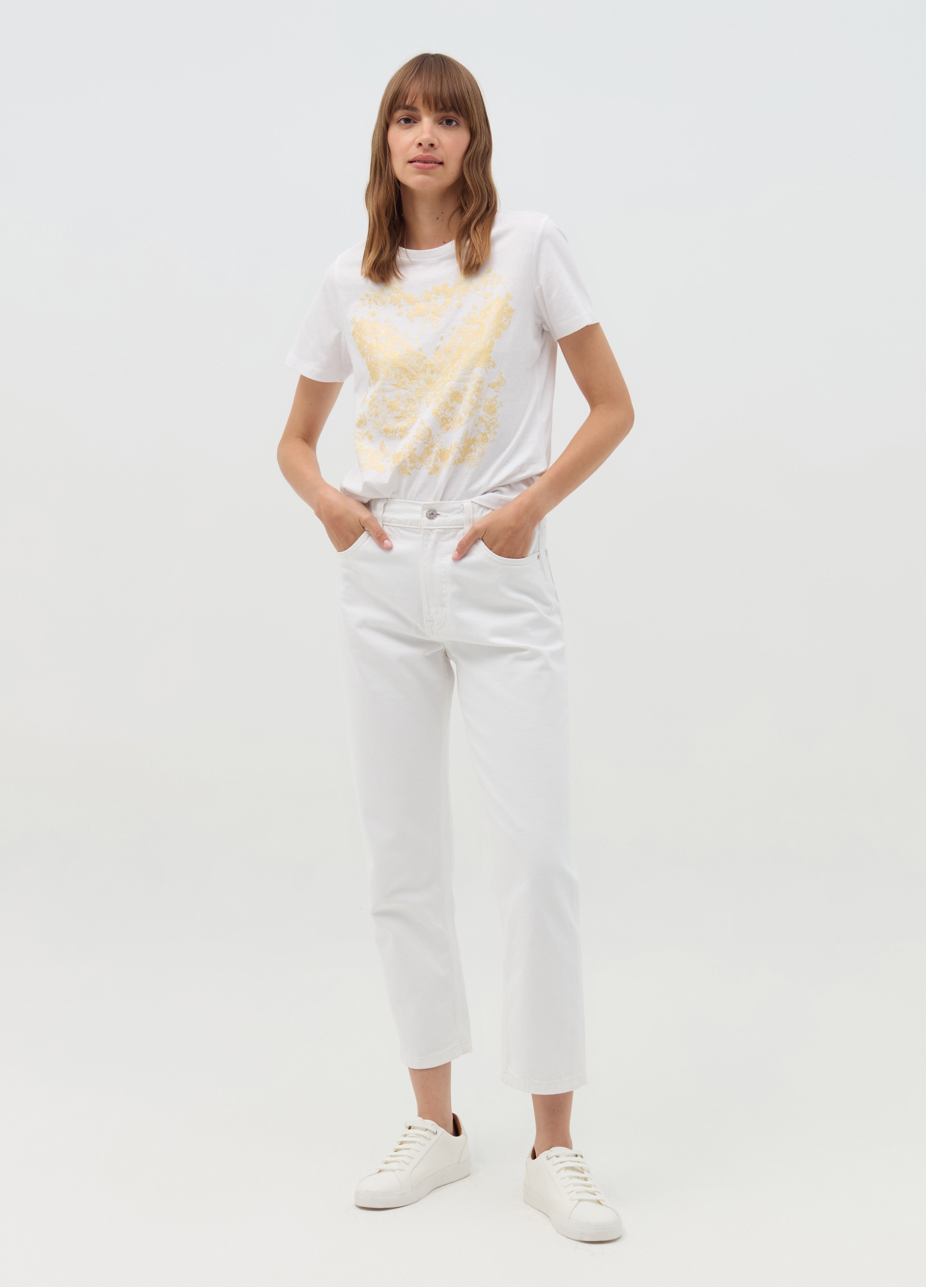 OVS, T-shirt Con Stampa Farfalle E Fiori, Donna, Bianco, Taglia: S