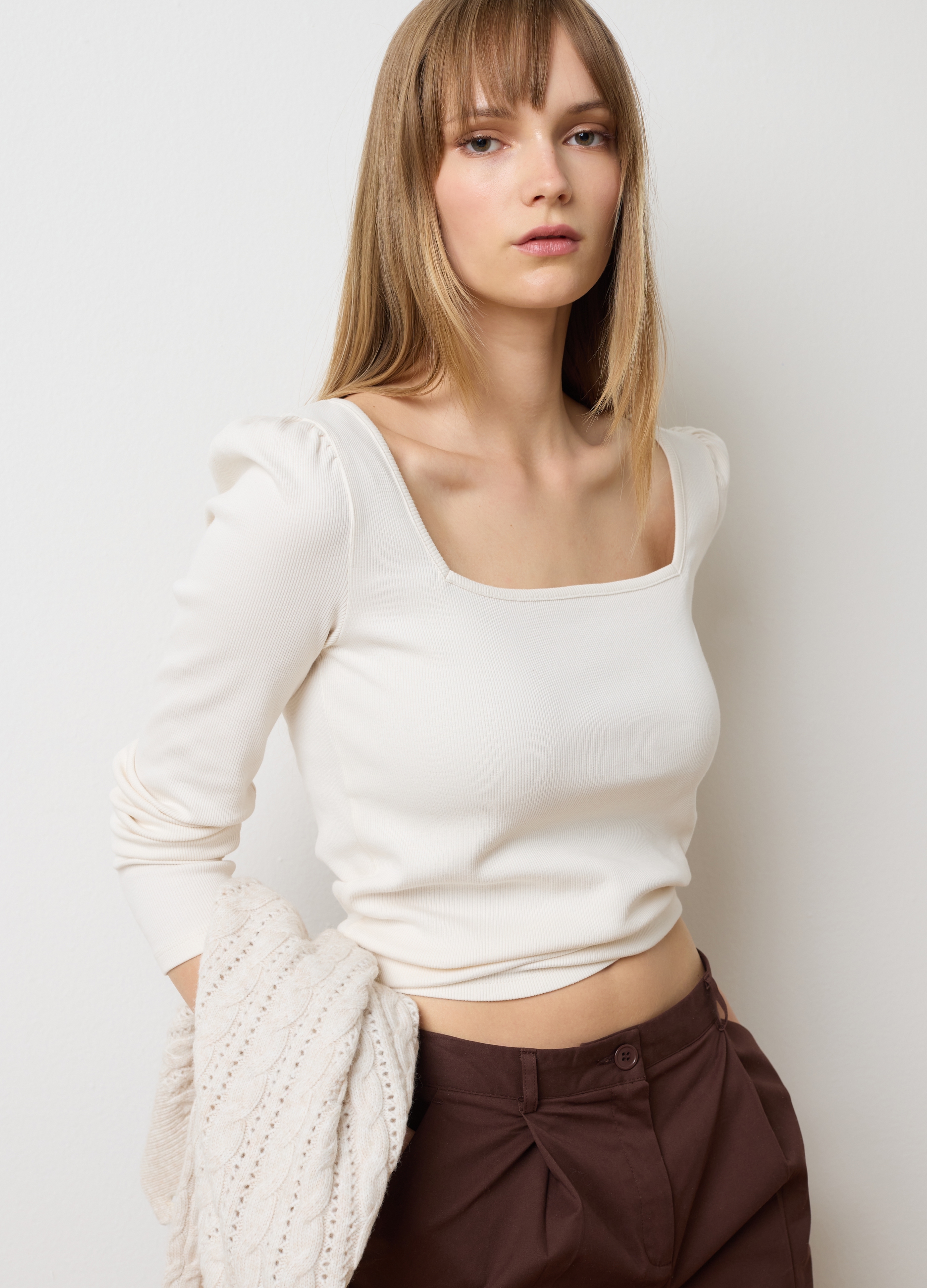 Camiseta Blanca De Manga Larga En Algodón Elástico, Mujer, Blanco, Talla: 38