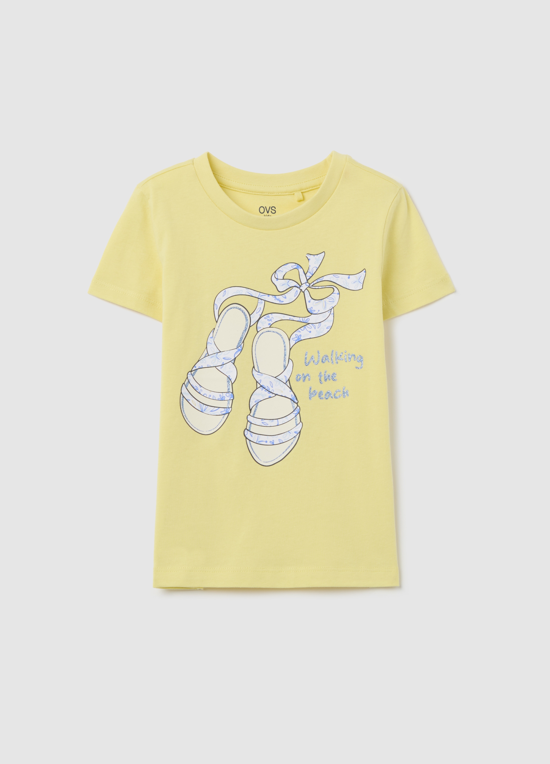 OVS, T-shirt Gialla In Cotone Con Stampa Glitterata, Bambina, Giallo, Taglia: 3-4