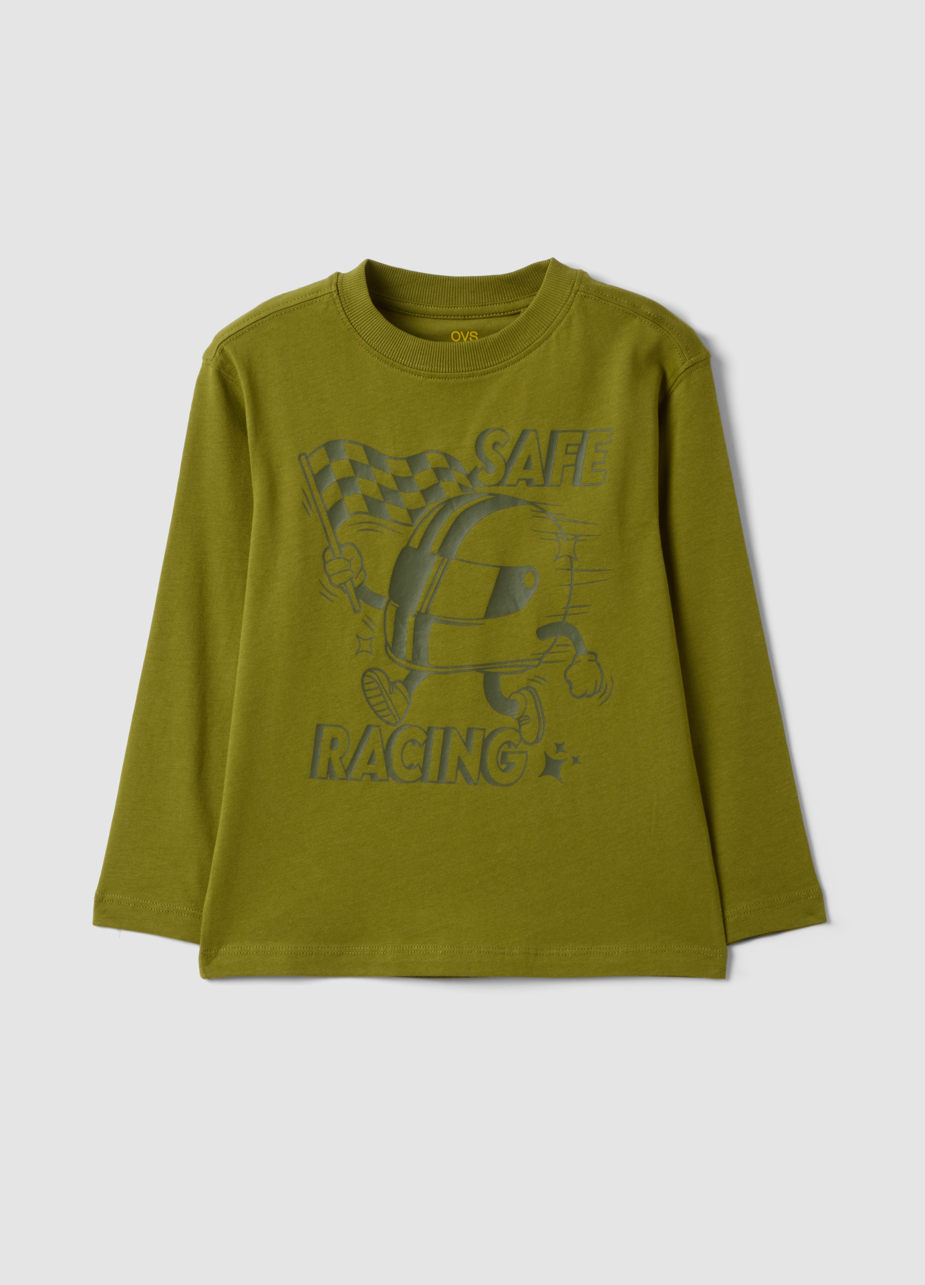 OVS KIDS, T-shirt Over Verde In Puro Cotone Organico Con Stampa Racing Per Bambino, Verde, Taglia: 3-4