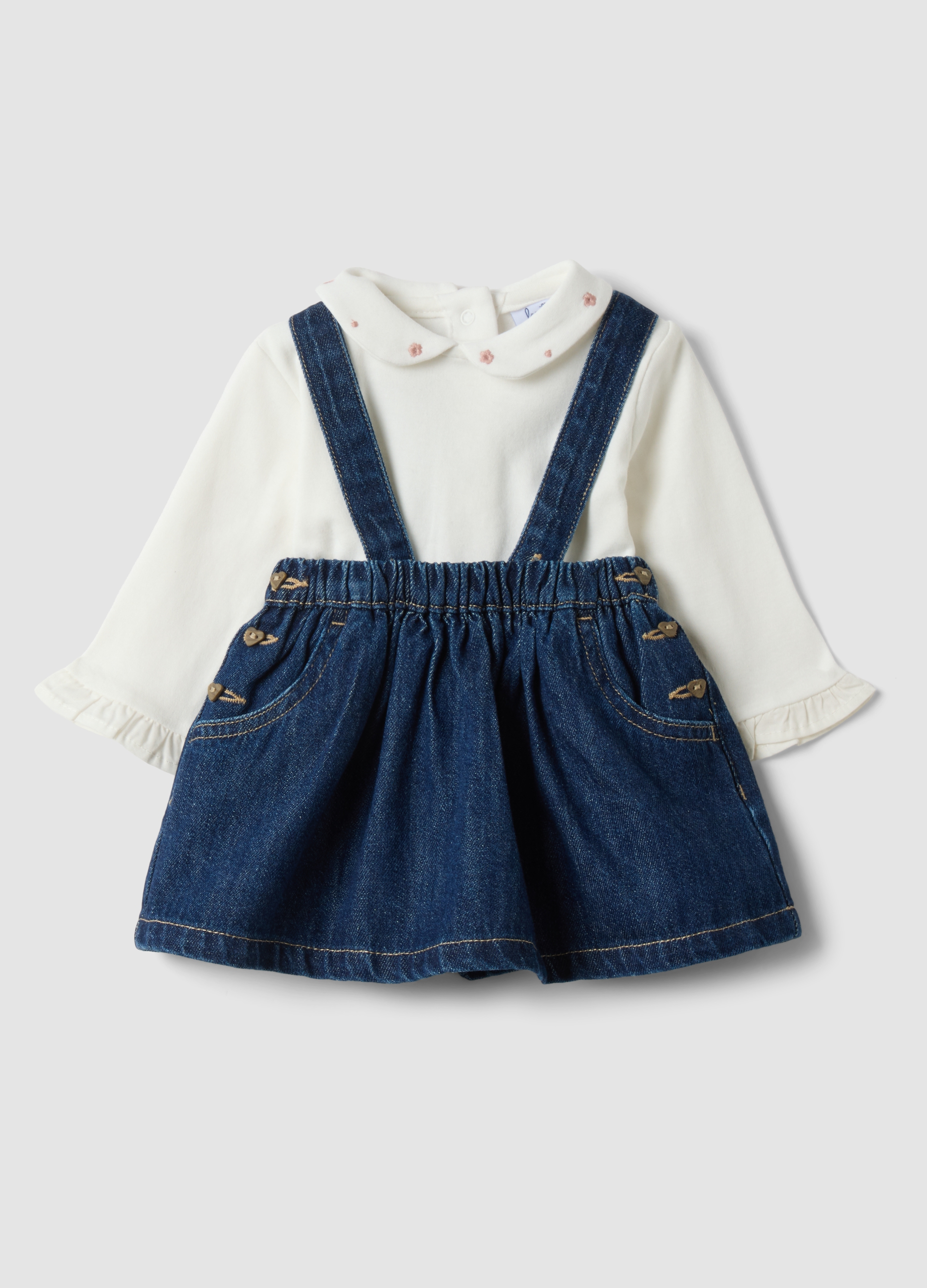FAGOTTINO, Completo Blu E Bianco In Misto Cotone E Viscosa Con Colletto Classico Per Neonata, Bianco, Taglia: 6-9