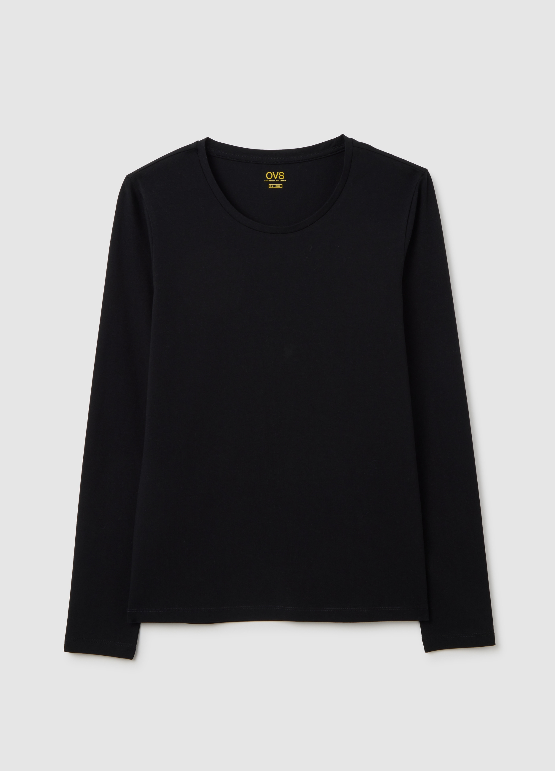 Top Negro Elástico De Manga Larga, Mujer, Negro, Talla: L