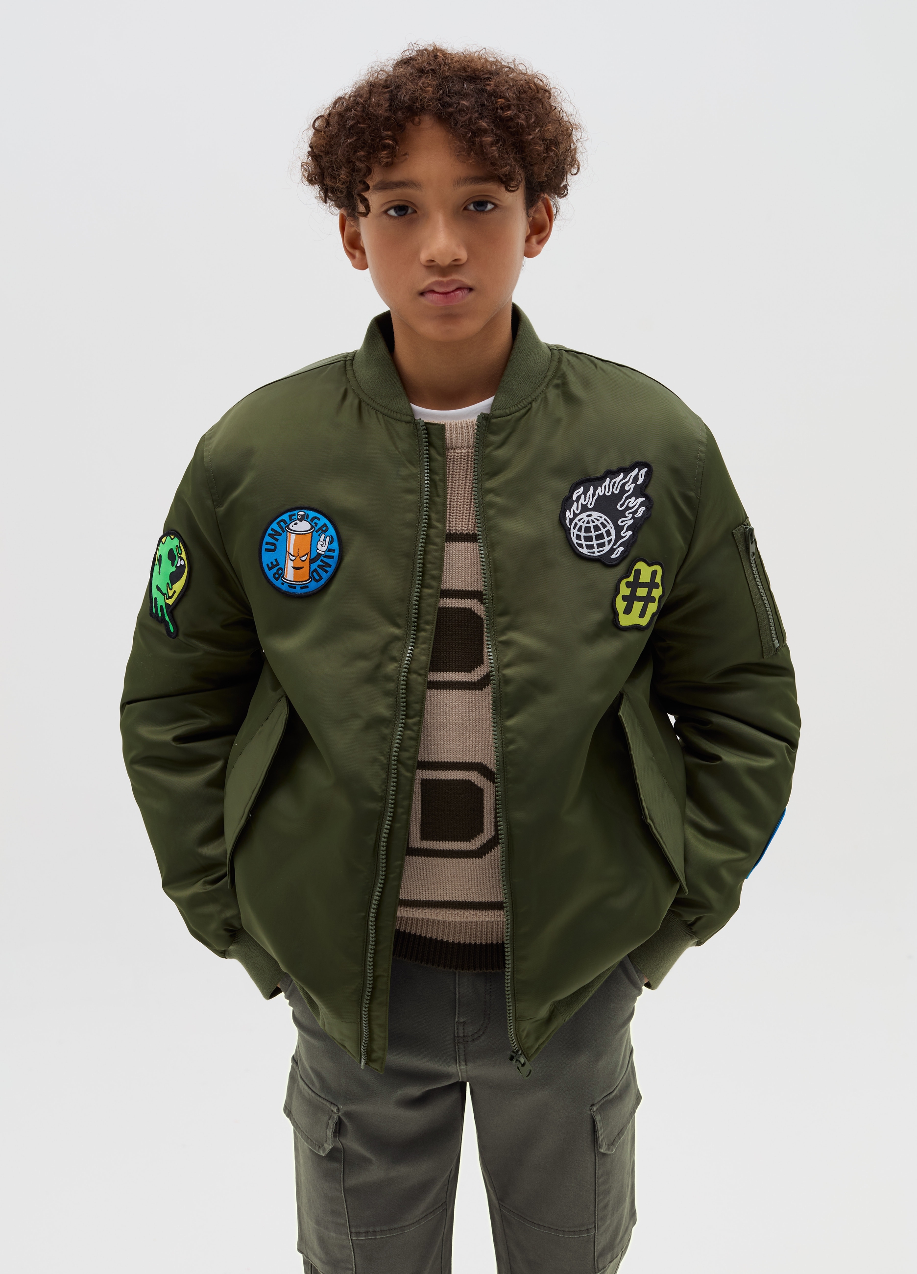 OVS KIDS, Bomber Aviatore Full-zip Con Patch, Bambino, Verde, Taglia: 11-12