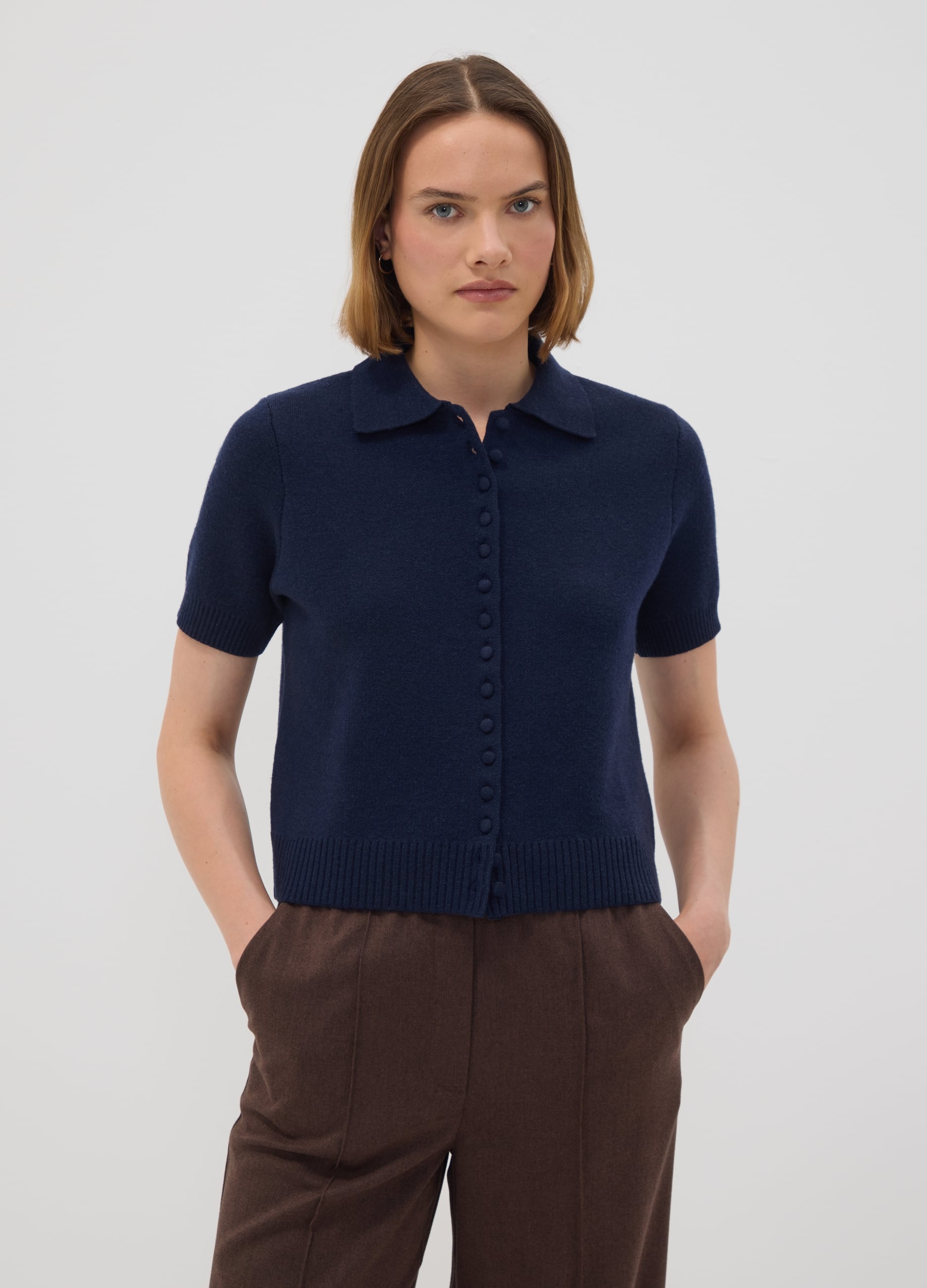 OVS , Cardigan Blu In Misto Lana Con Colletto Polo Regular Fit, Donna, Blu, Taglia: L
