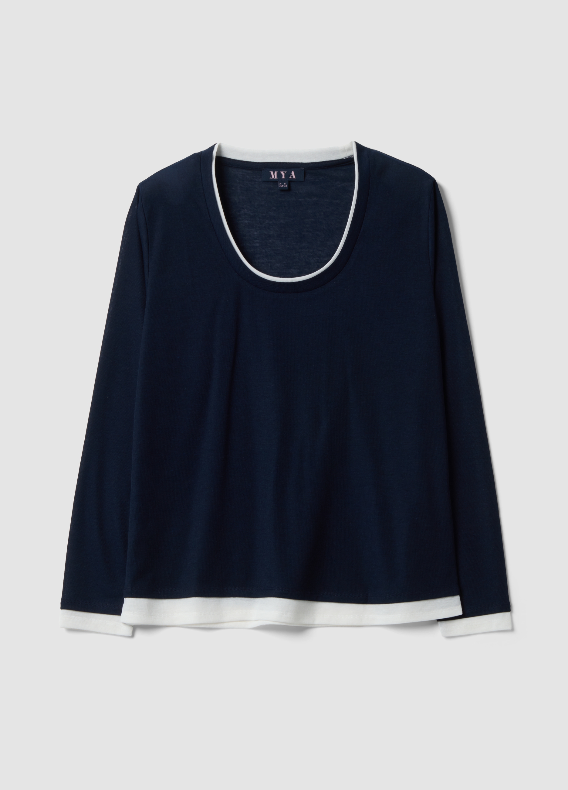 MYA, T-shirt Blu In Misto Viscosa Con Girocollo A Contrasto Bianco Regular Fit, Donna, Blu, Taglia: S
