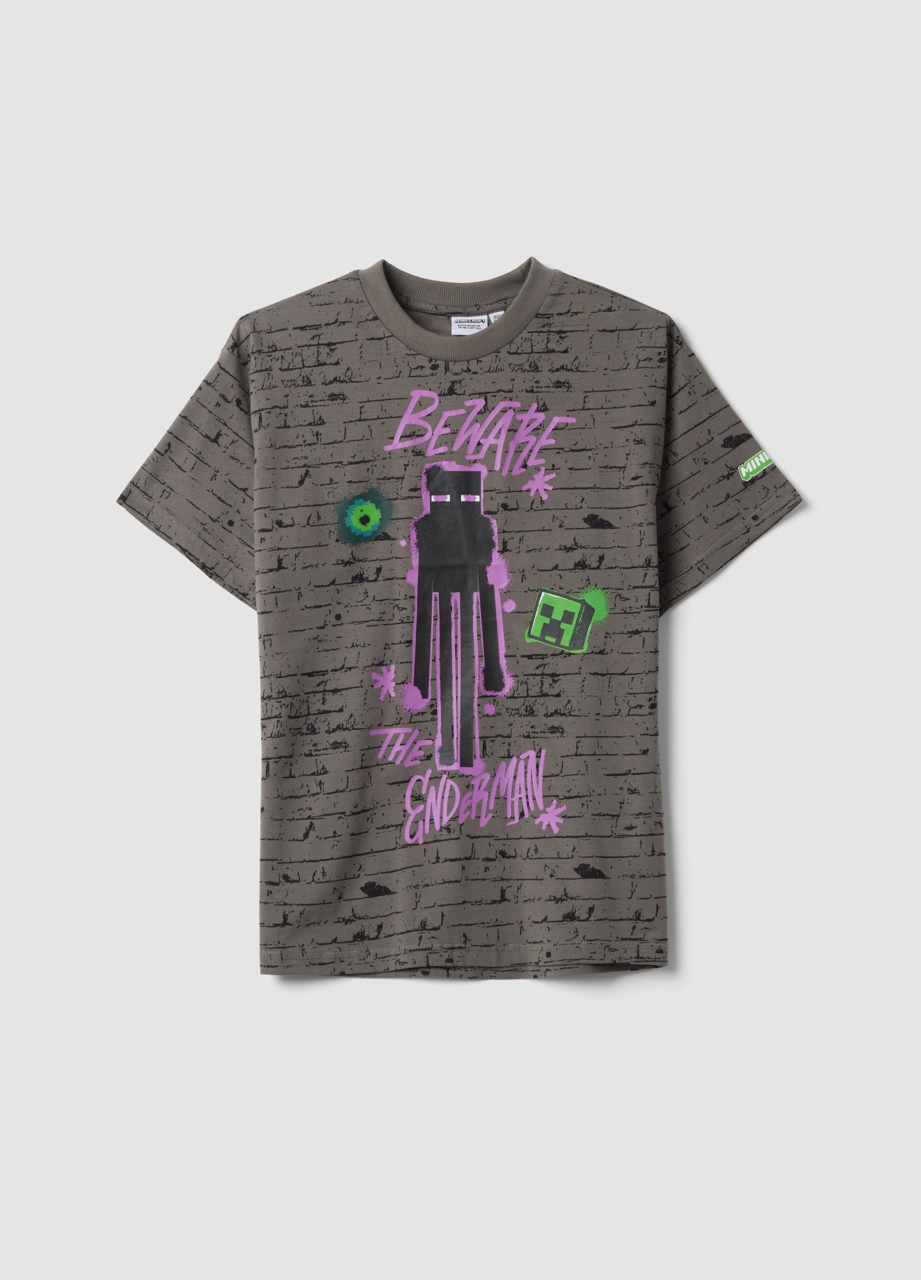 OVS KIDS, T-shirt Grigia In Puro Cotone Con Girocollo Stampa Minecraft, Bambino, Grigio, Taglia: 10-11
