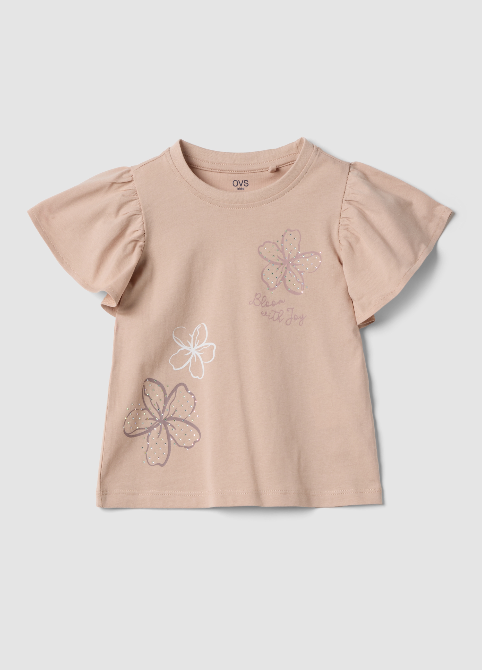 OVS KIDS, T-shirt In Puro Cotone Beige Da Bambina Con Volant E Strass, Niña, Beige Oscuro, Talla: 3-4