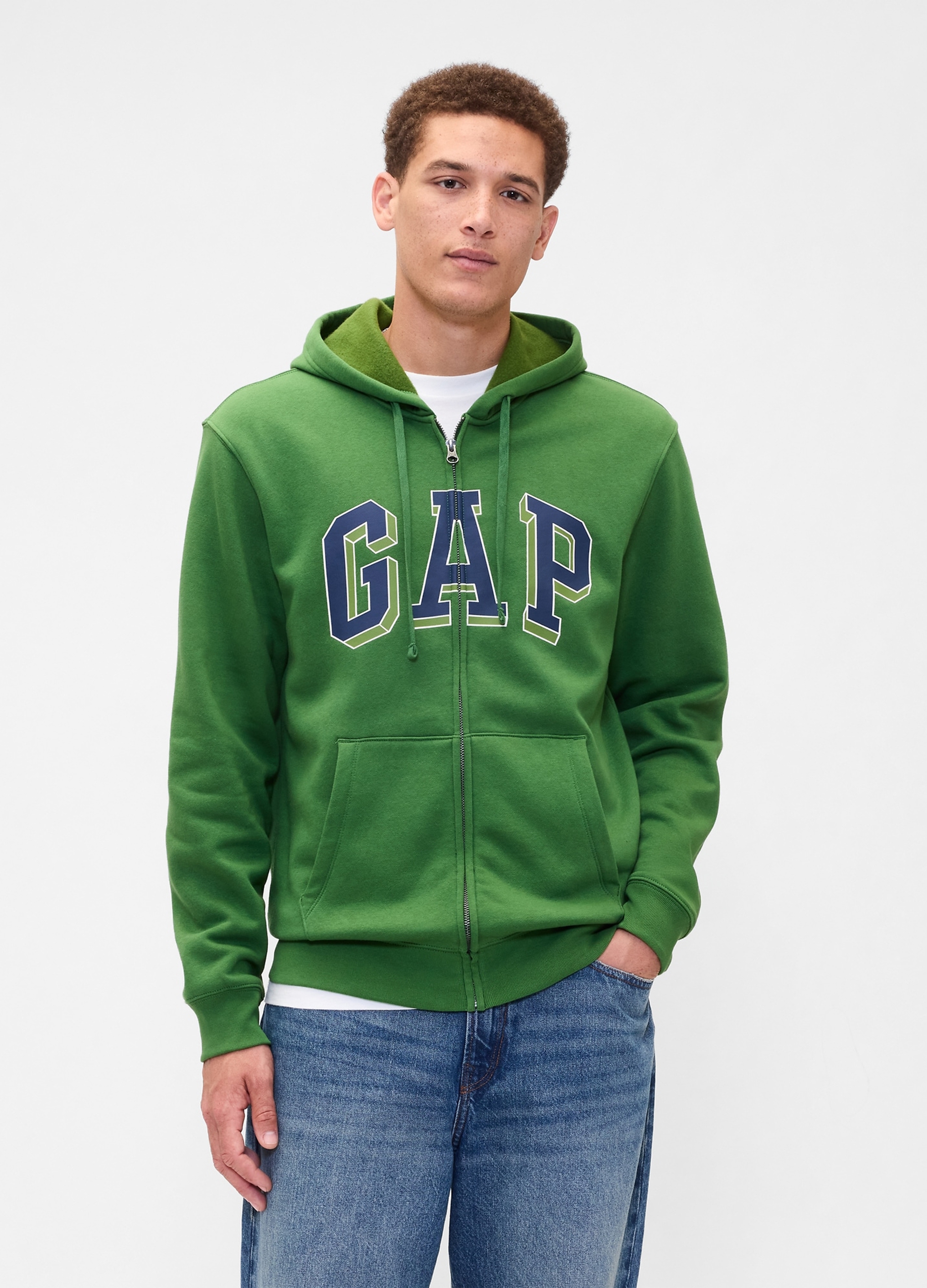 GAP, Felpa Full Zip Con Cappuccio E Logo Gap, Uomo, Verde, Taglia: L