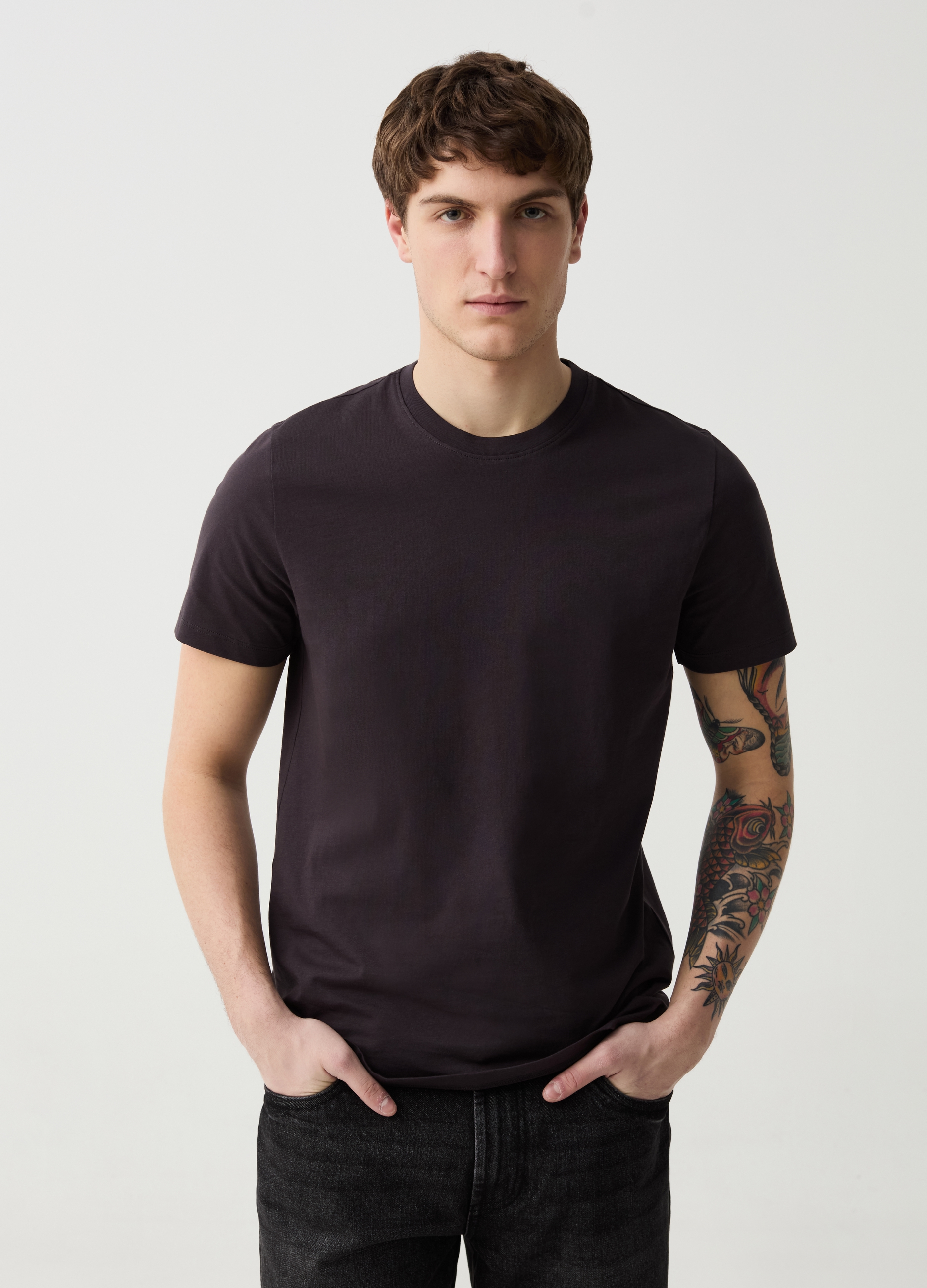 OVS , T-shirt In Cotone Bio Con Scollo Rotondo, Uomo, Marrone, Taglia: S