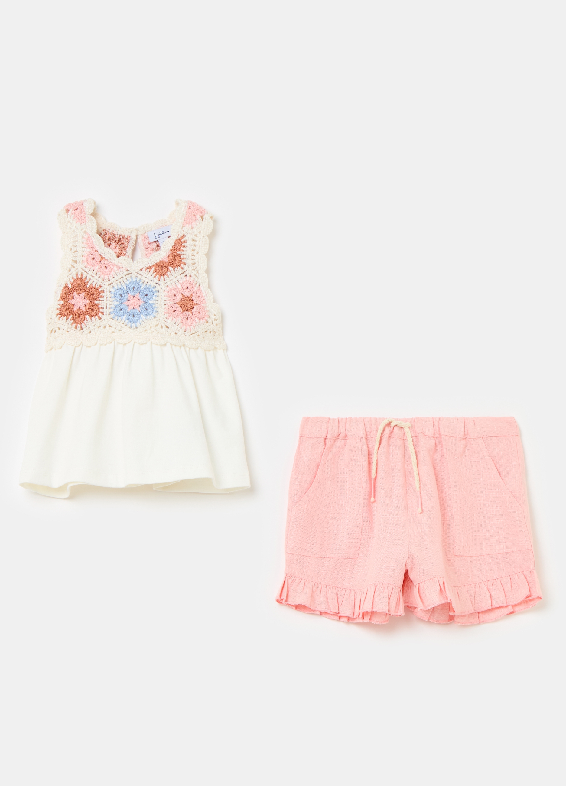 FAGOTTINO, Set Tank Top Con Lavorazione Crochet E Shorts, Unisex, Multicolor, Taglia: 9-12