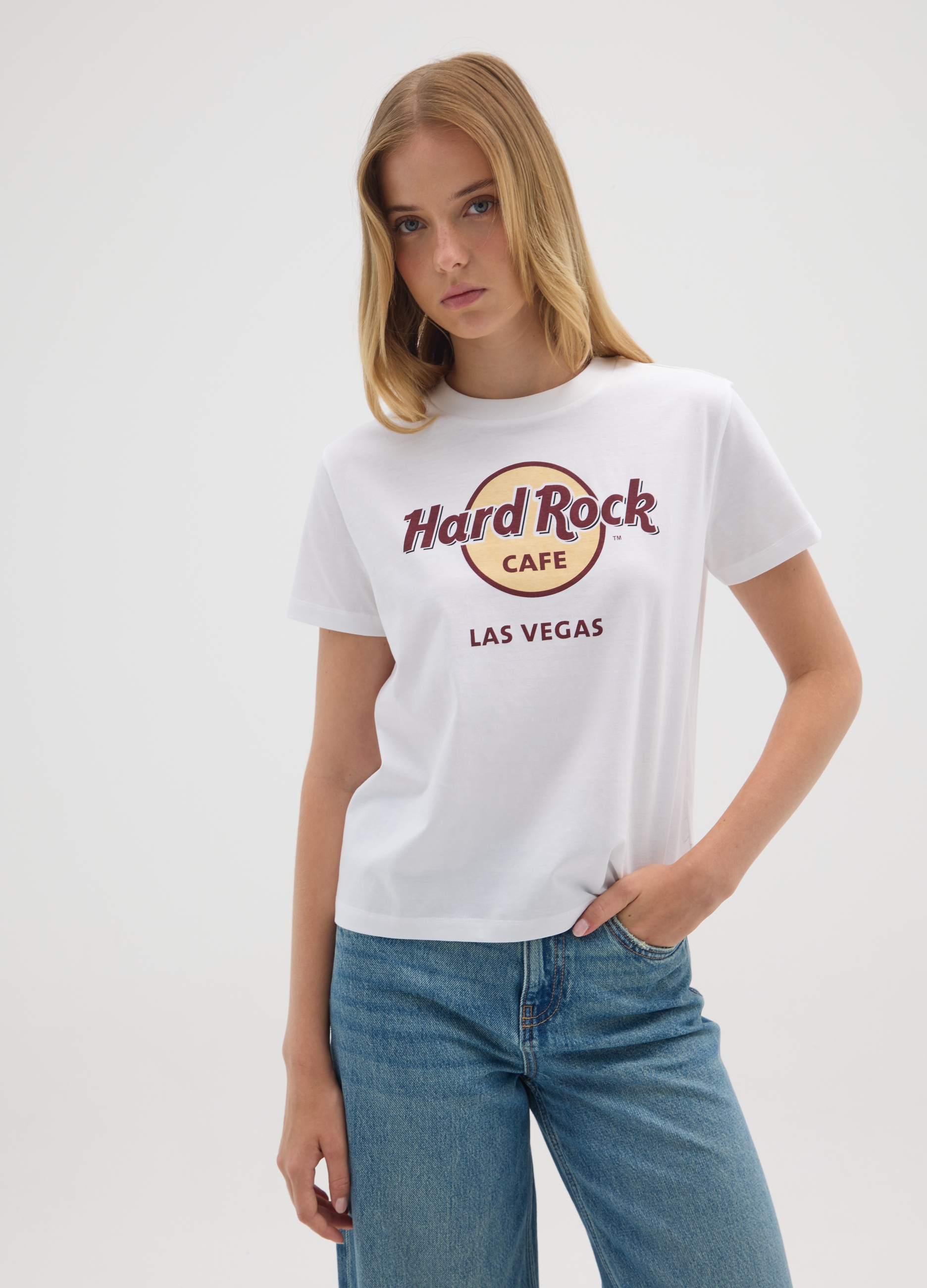 OVS, T-shirt Bianca In Puro Cotone Con Stampa Hard Rock Cafe, Donna, Bianco, Taglia: S