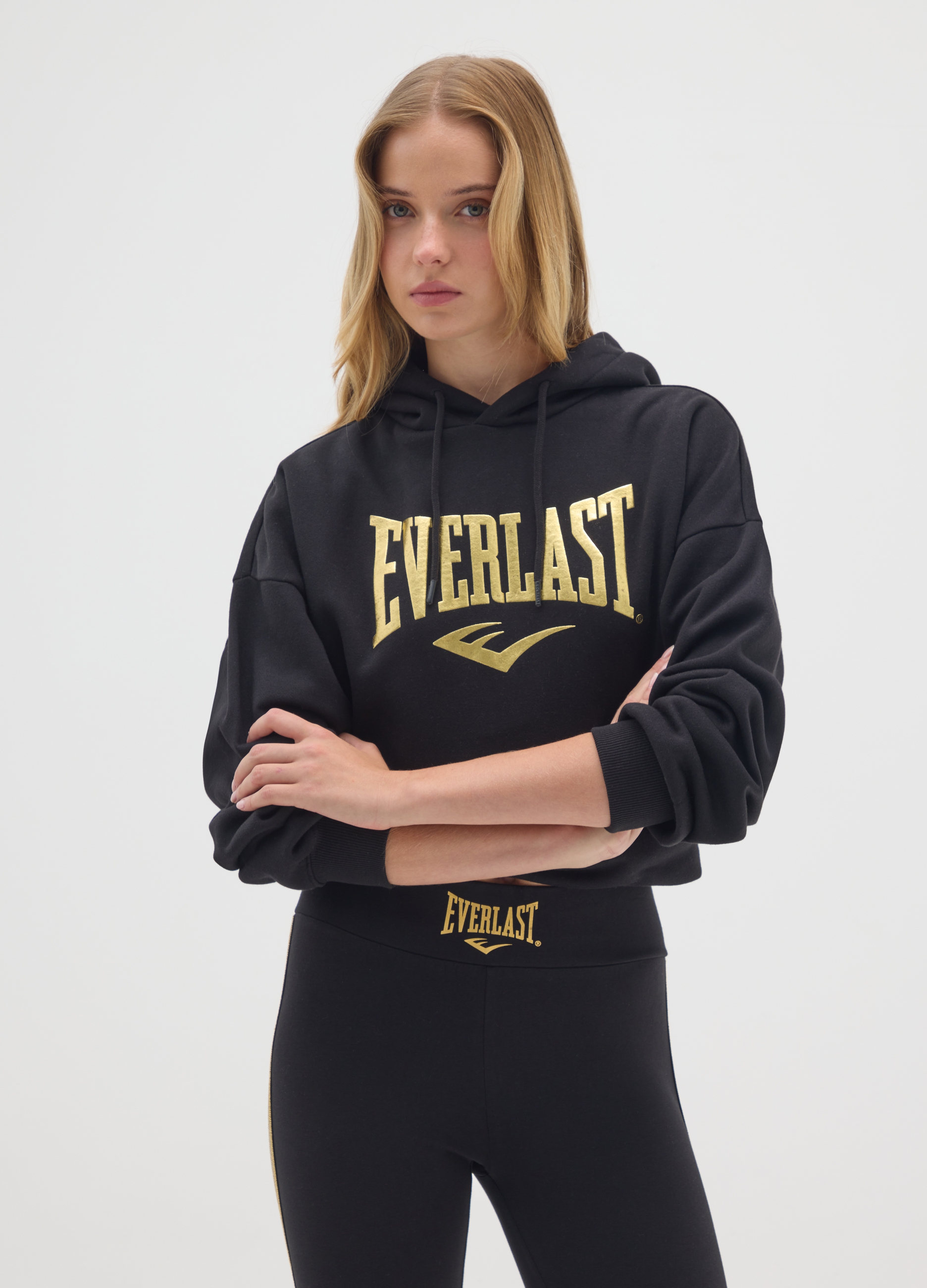 EVERLAST, Felpa Nera Con Cappuccio In Misto Cotone Con Stampa Everlast, Donna, Nero, Taglia: S