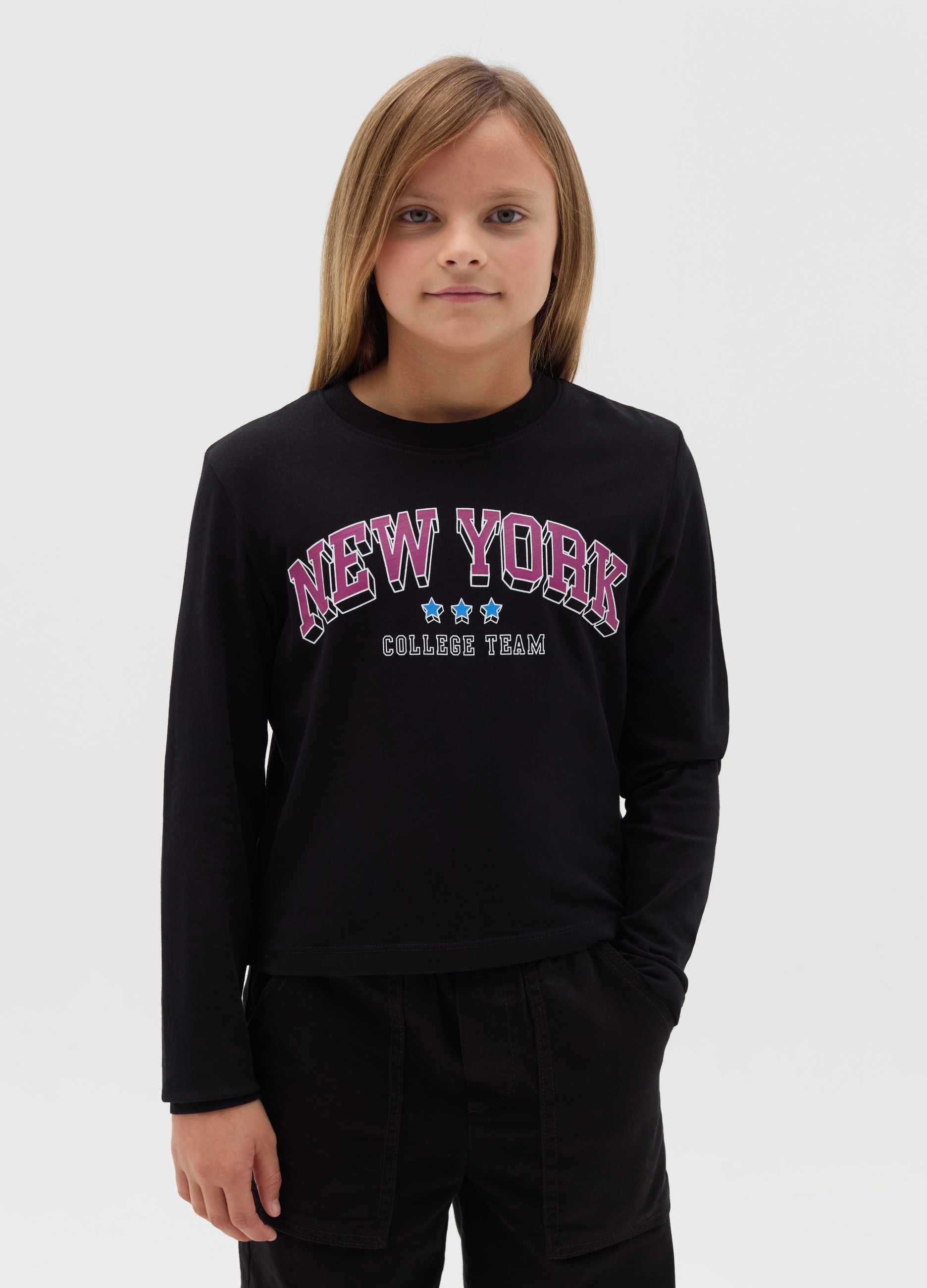 OVS KIDS, T-shirt Crop A Maniche Lunghe Con Stampa, Bambina, Nero, Taglia: 13-14