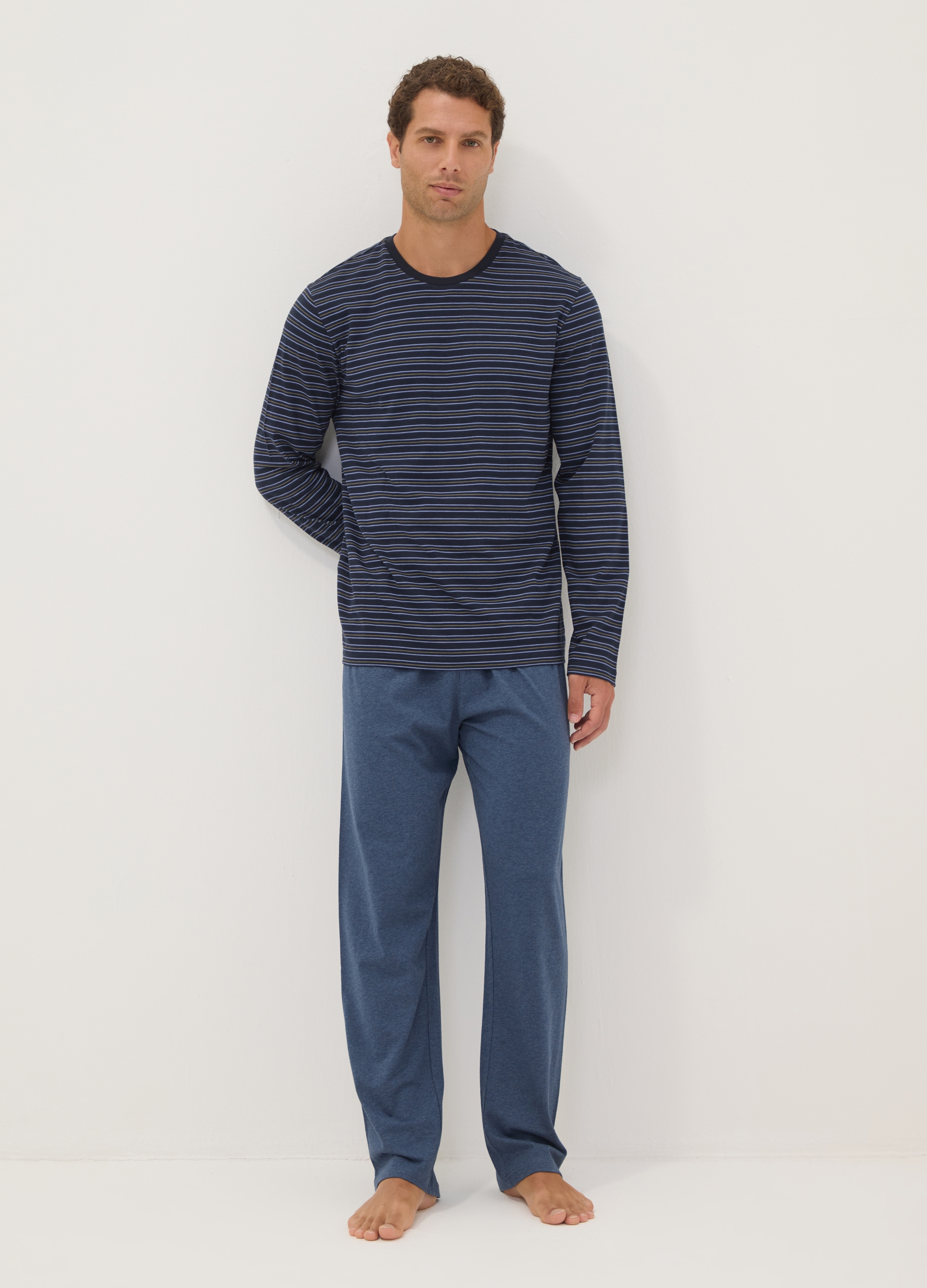 OVS, Pigiama Blu Navy In Puro Cotone Organico A Righe Con Girocollo, Uomo, Blu, Taglia: S