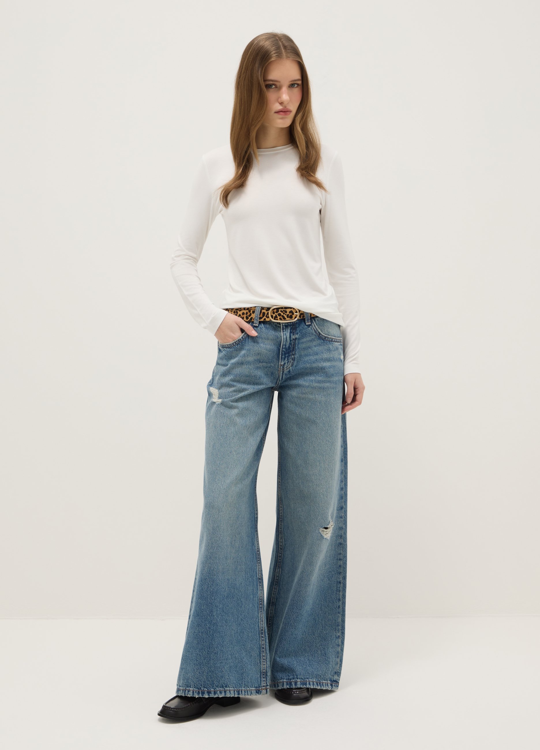 Vaqueros Azul De Algodón De Pierna Ancha Con Roturas, Mujer, Azul vaquero, Talla: 40