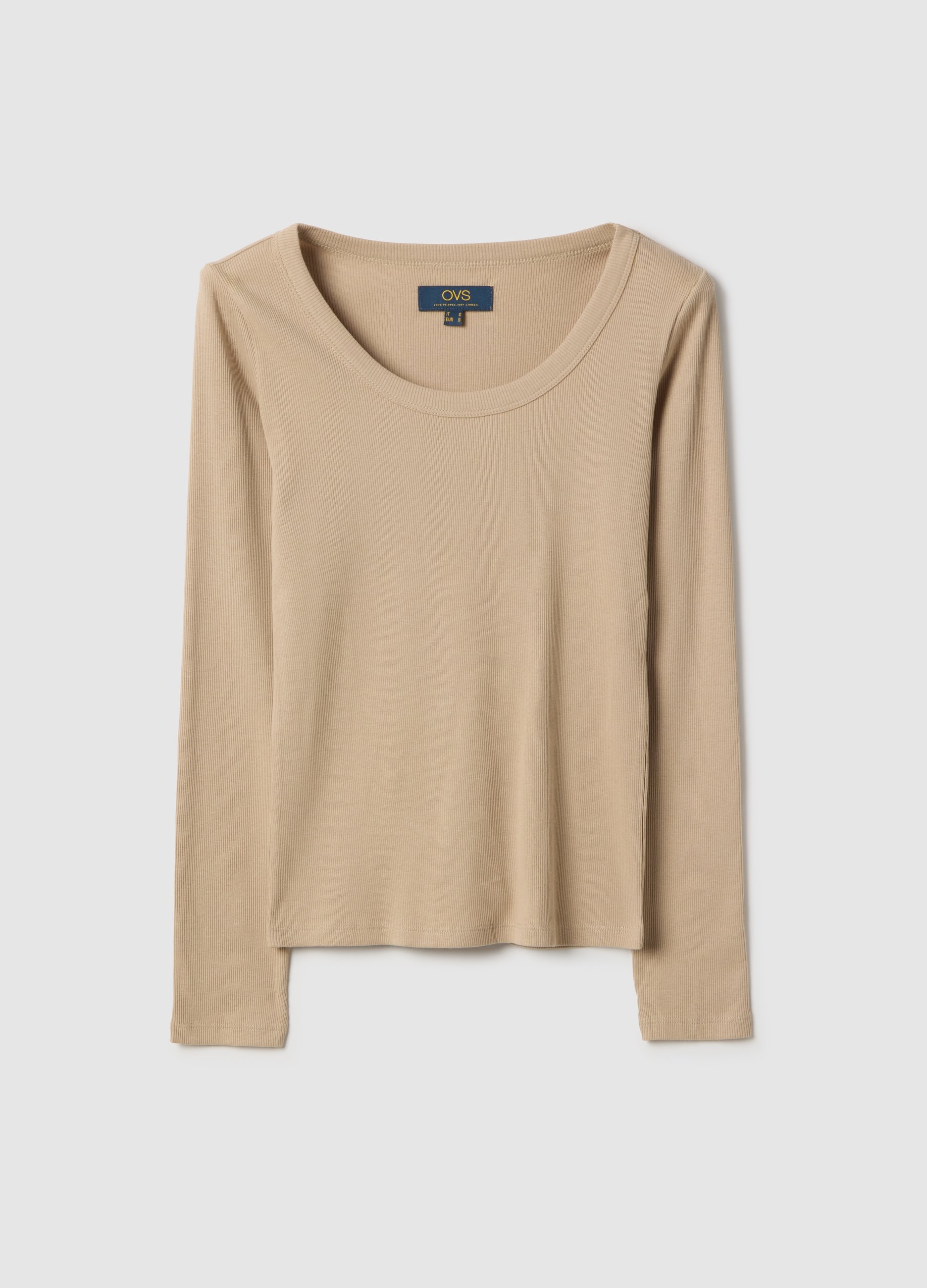 Camiseta De Manga Larga Beige En Algodón Puro Ajuste Regular, Mujer, Beige Oscuro, Talla: 38