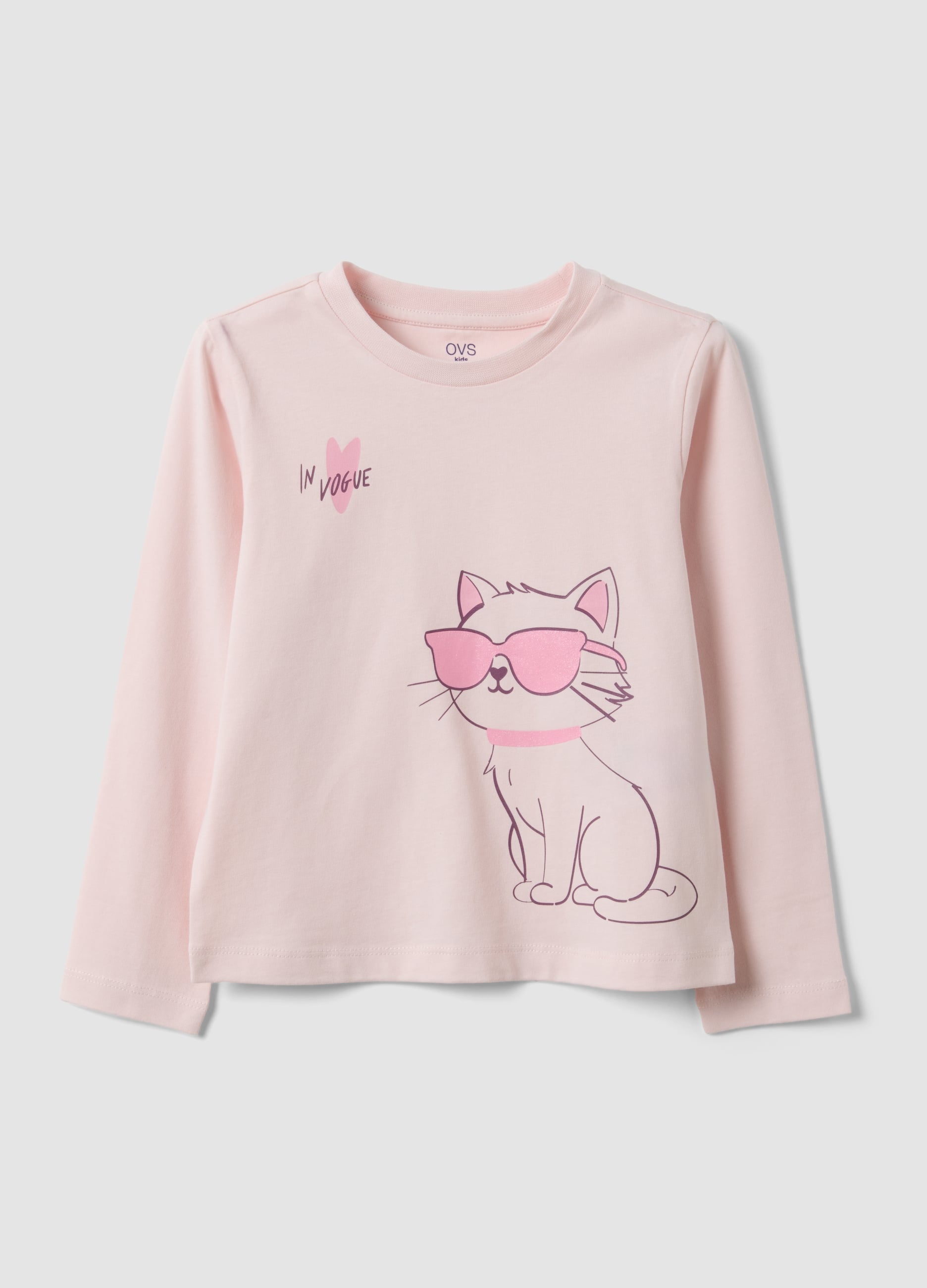OVS KIDS, T-shirt Rosa In Puro Cotone Organico Con Stampa Gattina Per Bambina, Rosa, Taglia: 3-4