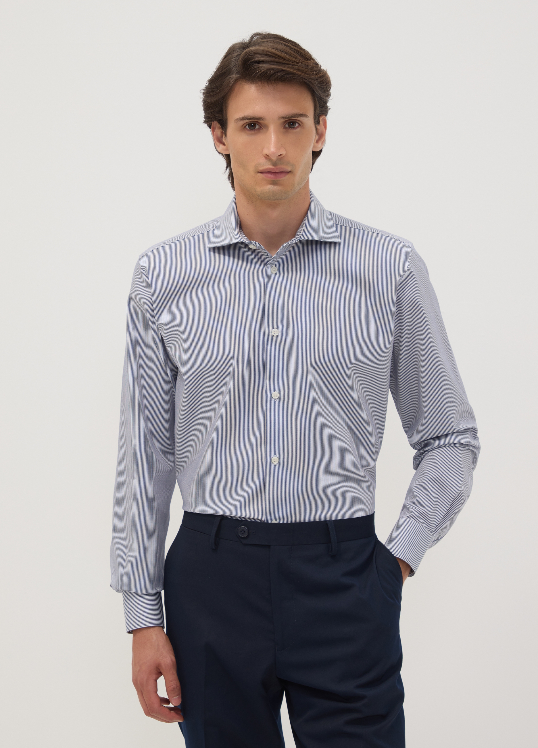 OVS, Camicia Blu In Puro Cotone A Righe Con Collo Francese Slim Fit No Iron, Uomo, Multicolor, Taglia: 39