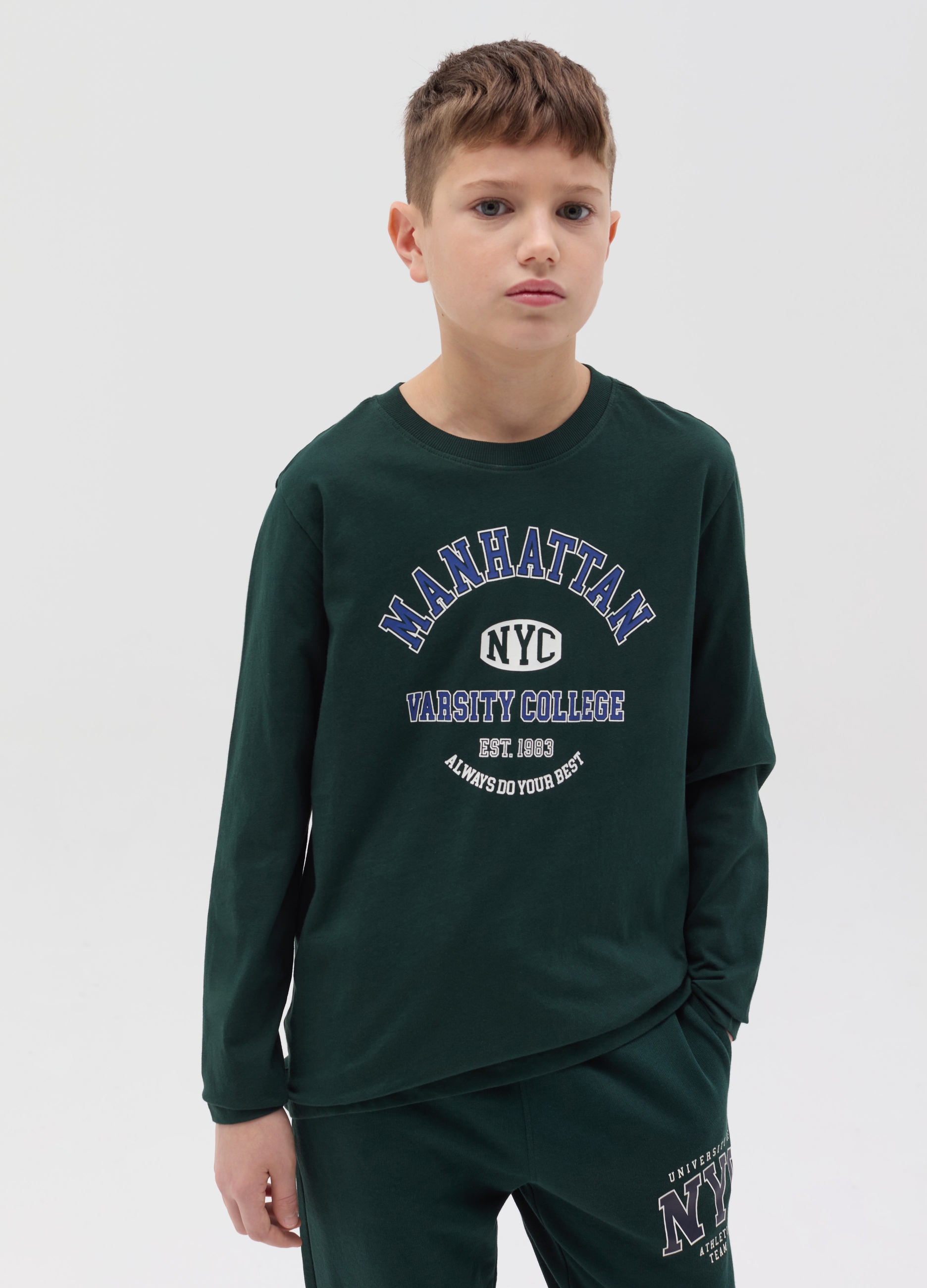 Camiseta De Manga Larga Con Estampado De College, Niño, Verde oscuro, Talla: 11-12