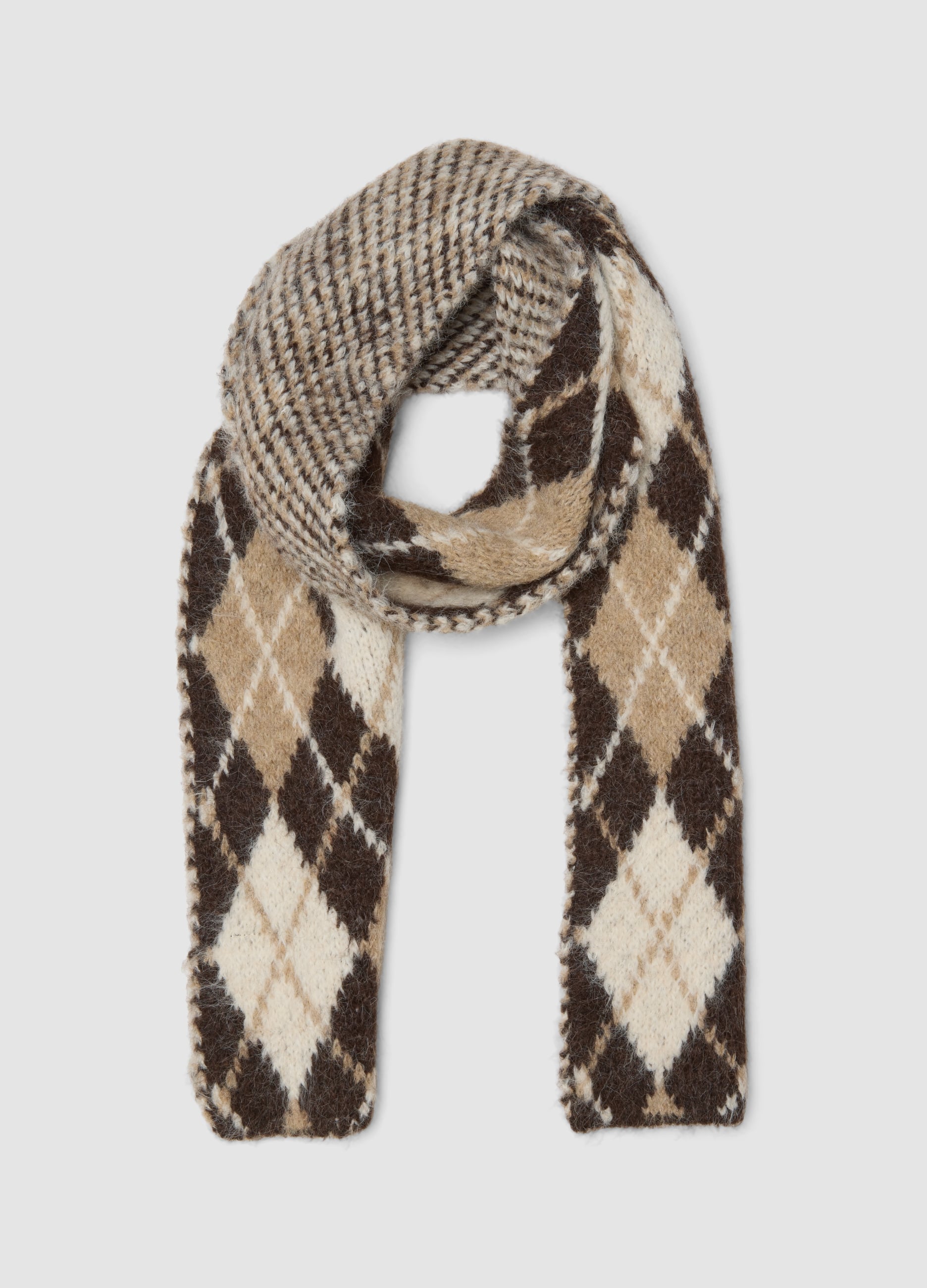 LES COPAINS, Sciarpa Beige In Lana Elasticizzato Con Fantasia A Rombi, Donna, Marrone, Taglia: ONE SIZE