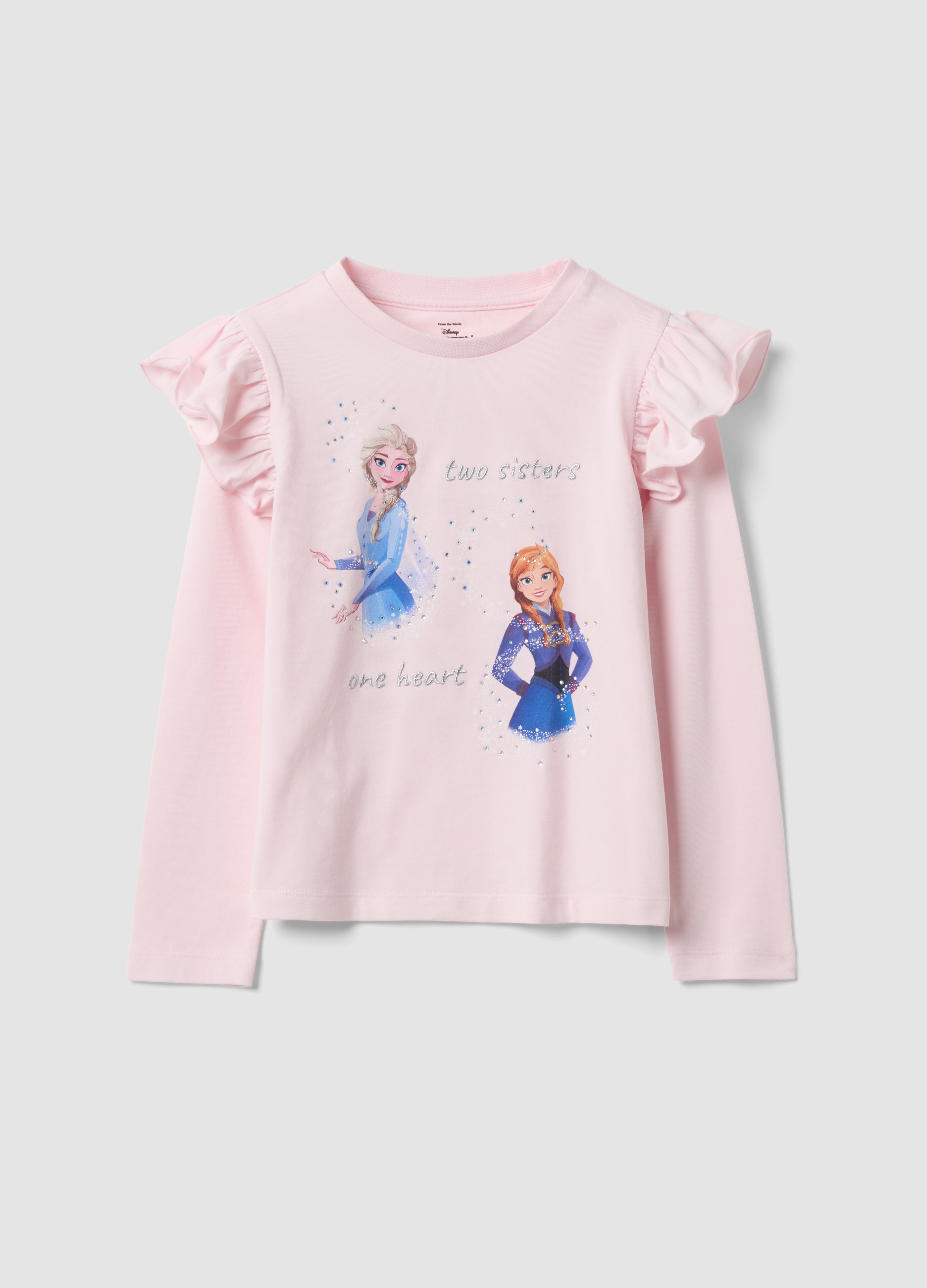 DISNEY, T-shirt Rosa In Cotone Elasticizzato Con Volant E Stampa Frozen Per Bambina, Rosa, Taglia: 6-7