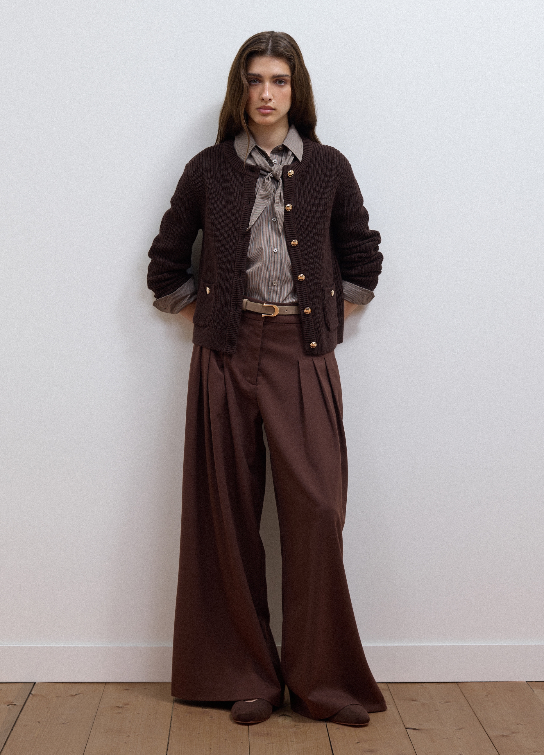 LES COPAINS, Pantaloni Formali Marroni Wide Leg In Viscosa Elasticizzata Con Cintura, Donna, Marrone, Taglia: 38