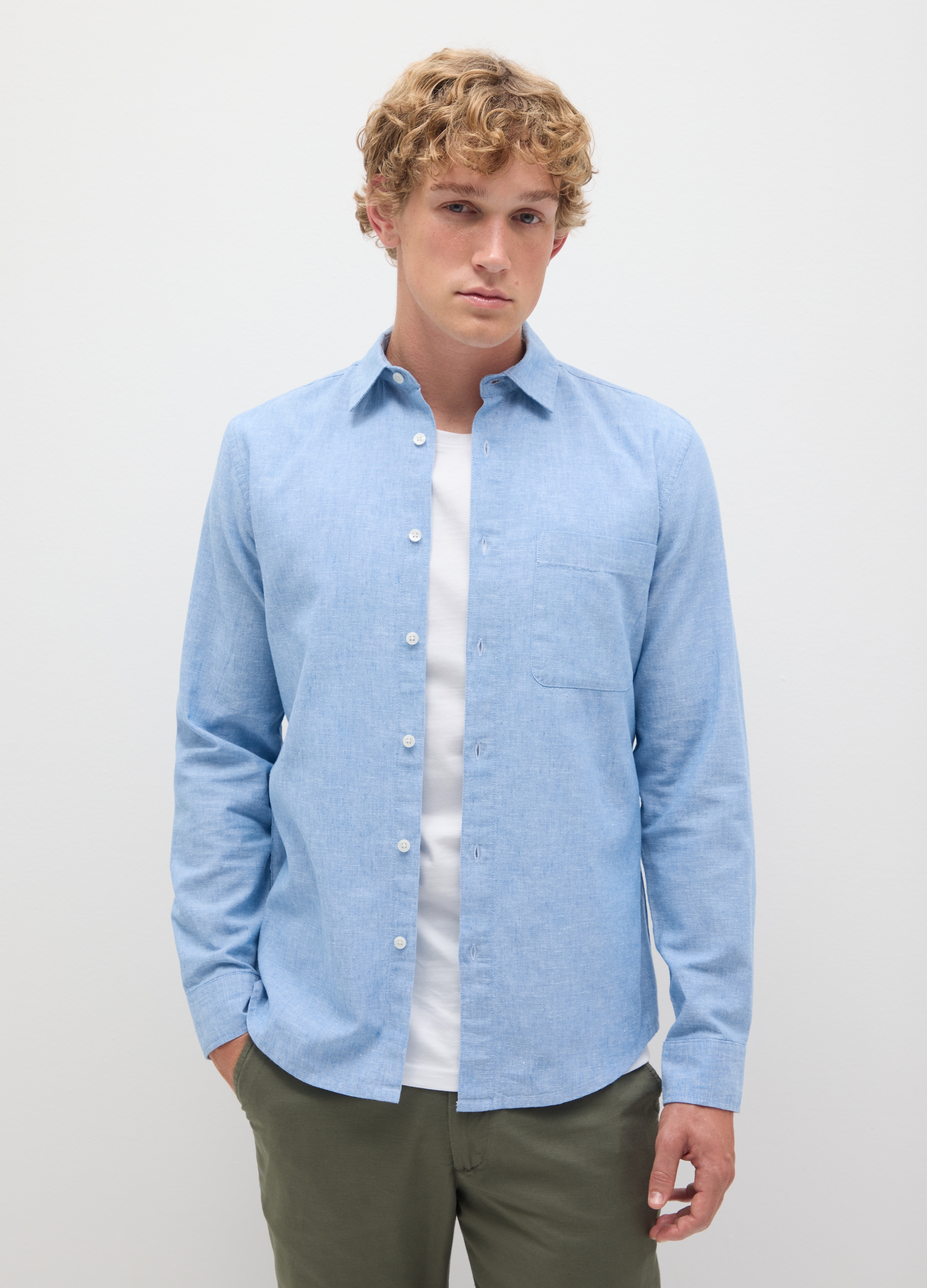 OVS, Camisa De Hombre En Mezcla De Algodón Azul Regular Fit Con Cierre De Botones, Hombre, Azul suave, Talla: XS
