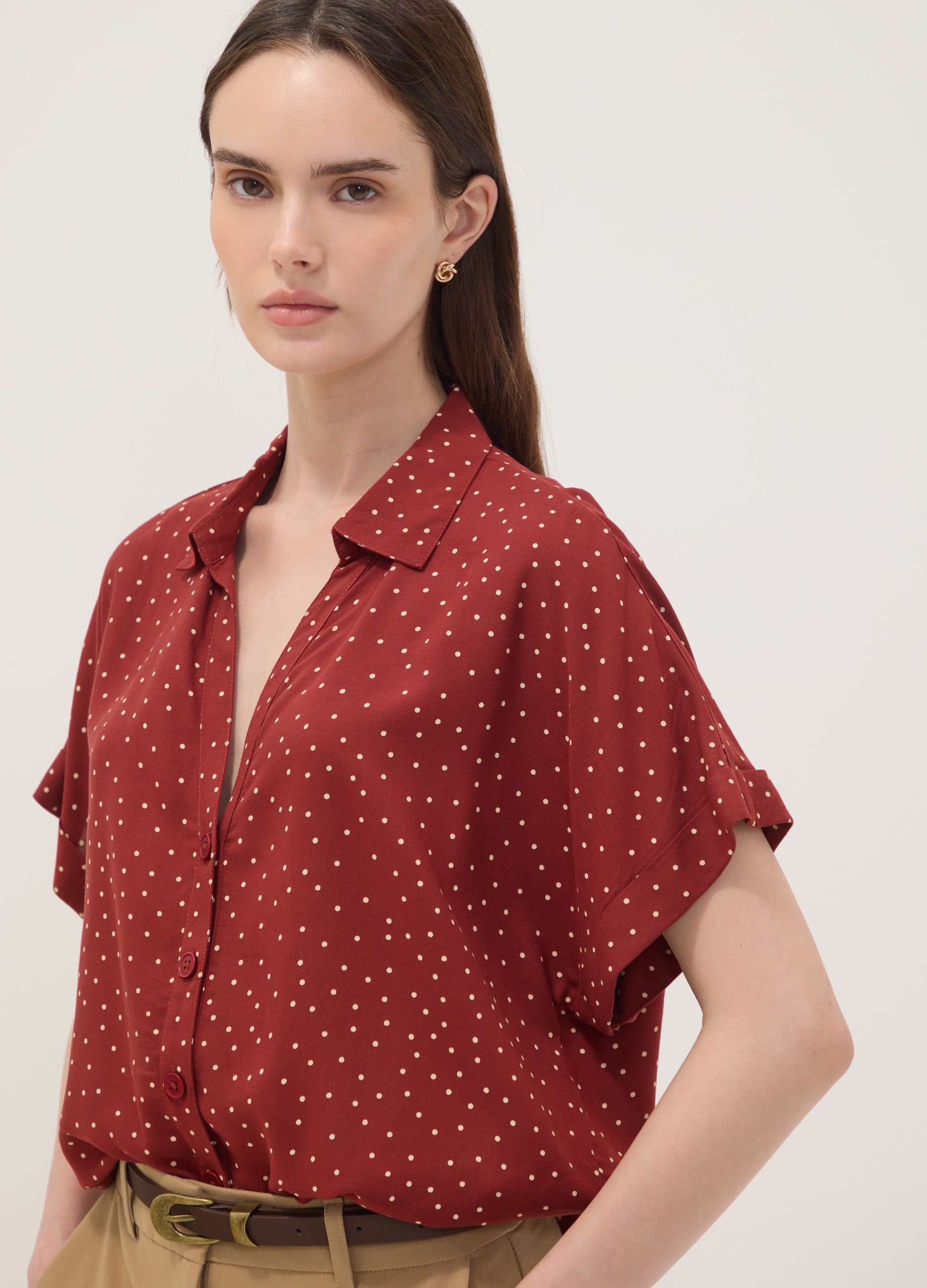 OVS, Camicia Rossa A Pois In Pura Viscosa A Maniche Corte Over Fit, Donna, Rosso, Taglia: XS