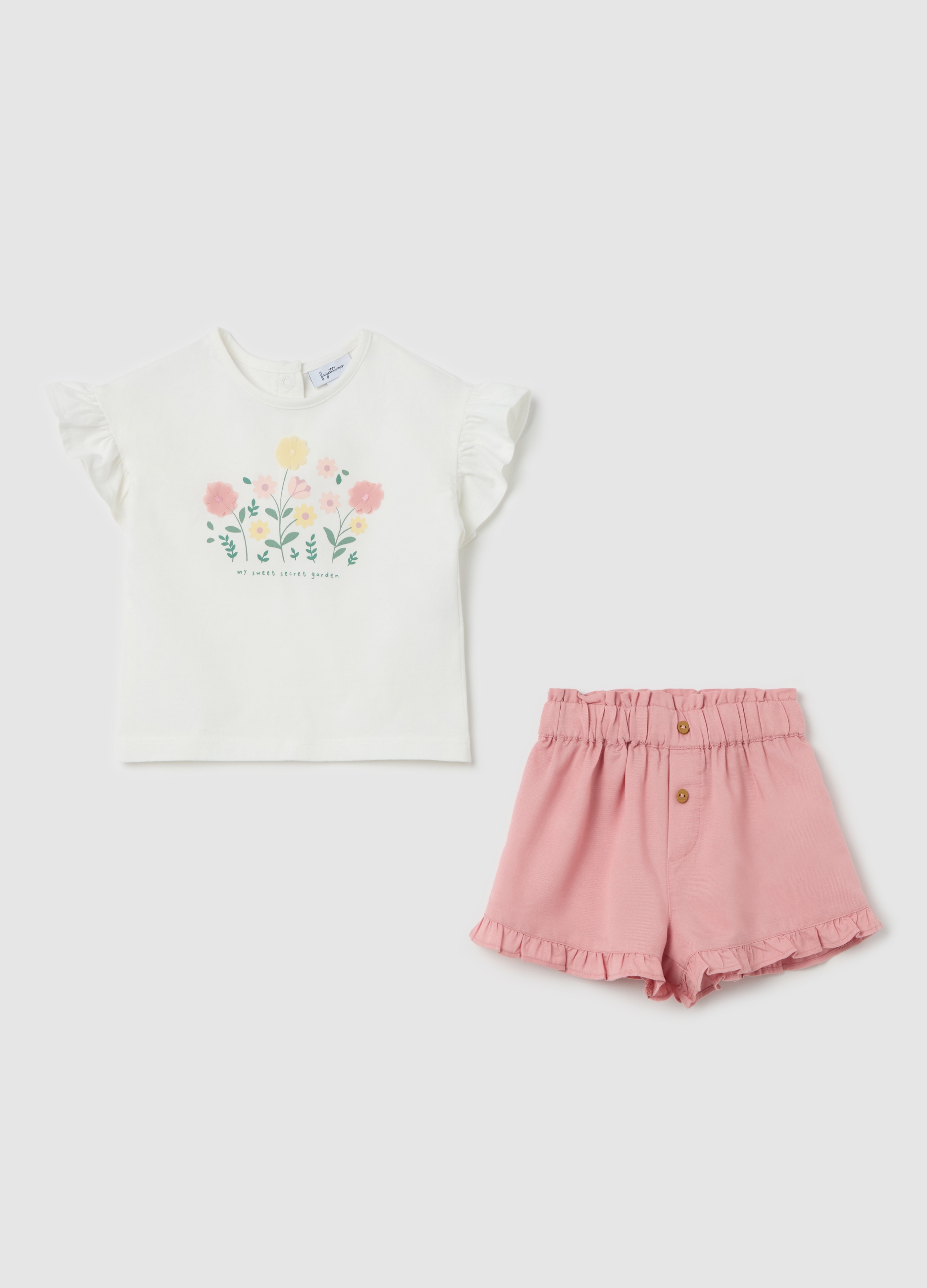 FAGOTTINO, Conjunto De Algodón Elástico Camiseta Y Shorts, Niña, Blanco/rosa, Talla: 24-30