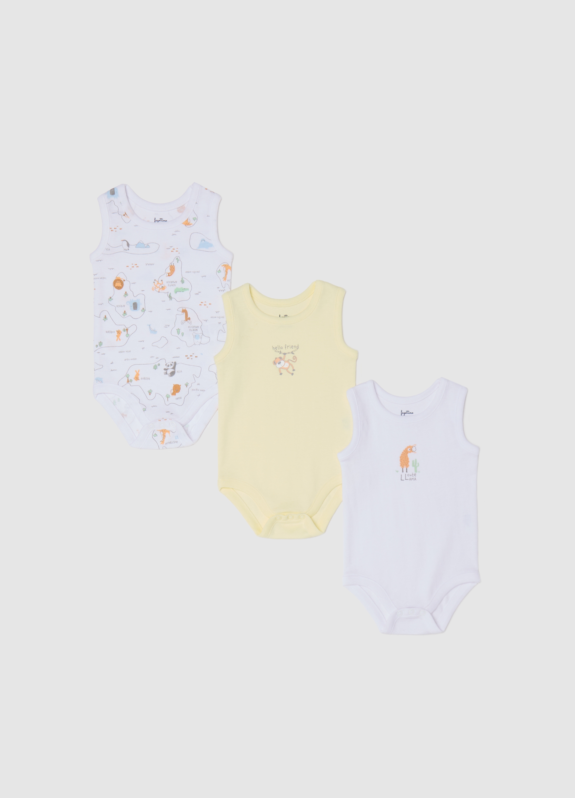 FAGOTTINO, Tripack Body Bianchi E Giallo In Cotone Bio Con Stampa, Neonato, Multicolor, Taglia: 1-3