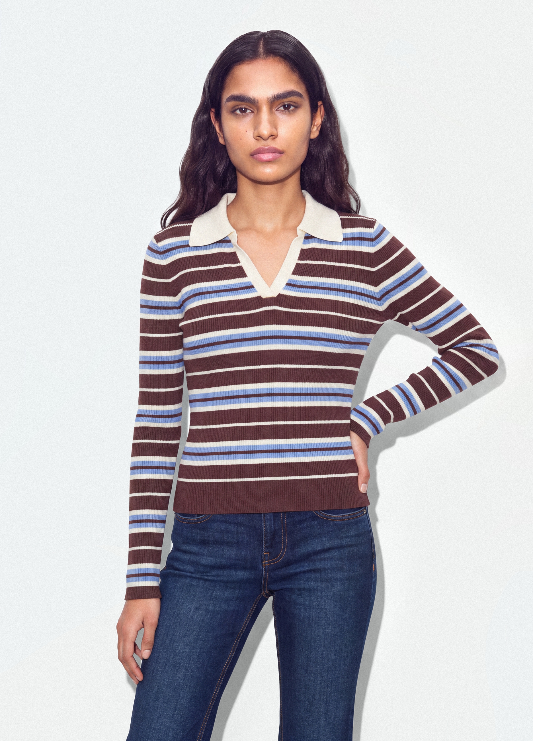 B.ANGEL, Maglia Multicolor A Righe In Misto Viscosa Colletto Polo Fitted, Donna, Multicolor, Taglia: S