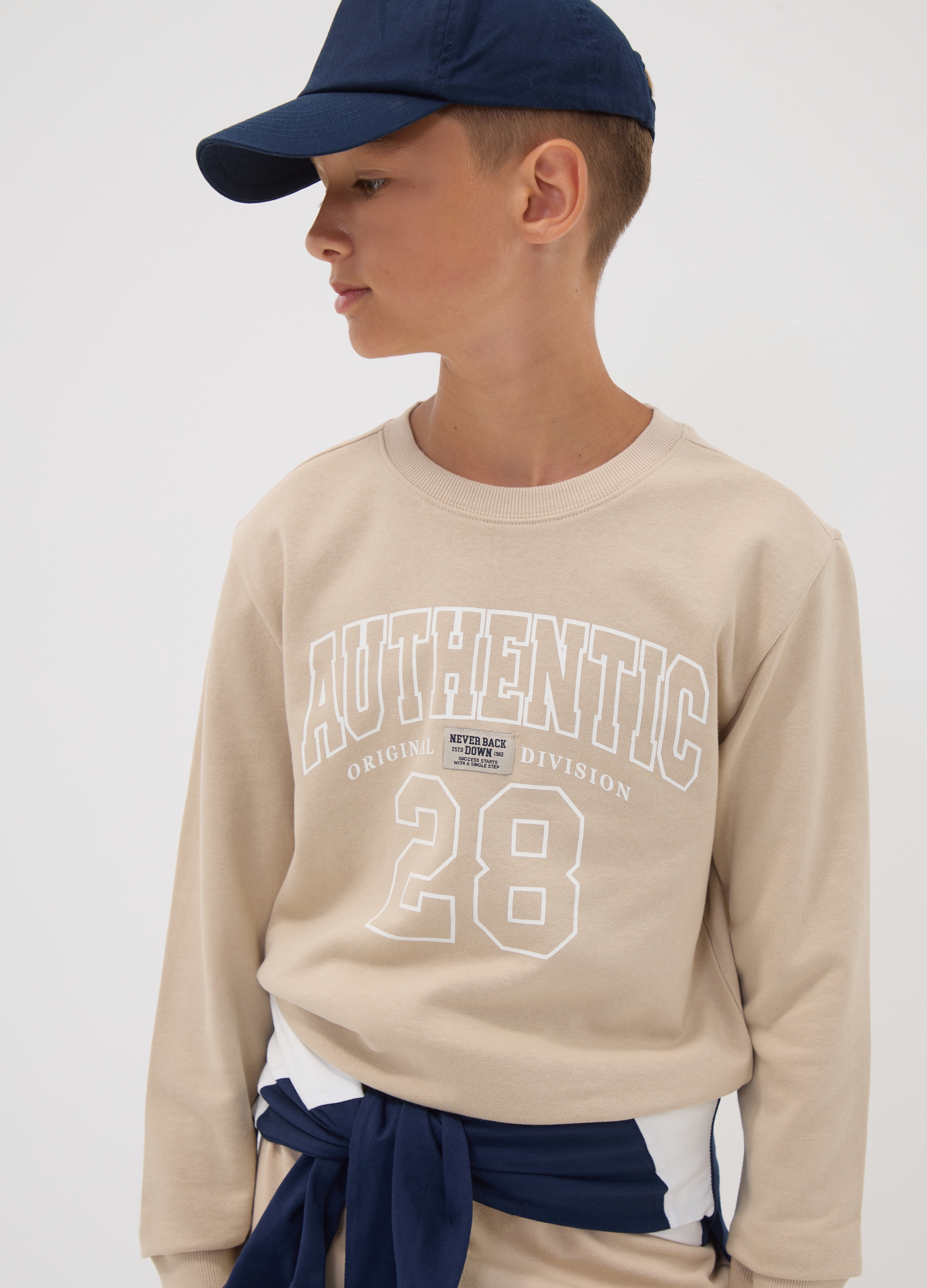 OVS KIDS, Felpa Beige In Puro Cotone Organico Con Girocollo E Stampa Per Ragazzo, Bambino, Beige, Taglia: 13-14
