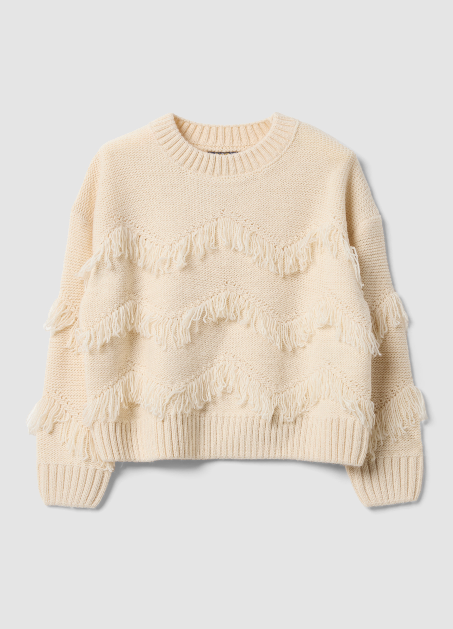 OVS KIDS, Maglia Beige In Maglia Rasata Con Frange E Girocollo Per Bambina, Beige, Taglia: 4-5